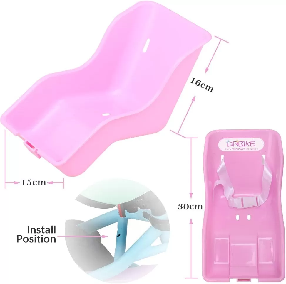 imageDRBIKE Doll Bike Seat Bicycle Seat with Decorate Yourself Decals for Girls Bike Doll Carrier Fits Standard Sized Dolls and Stuffed Animals Bike Attachment Kids Bike AccessoriesPink