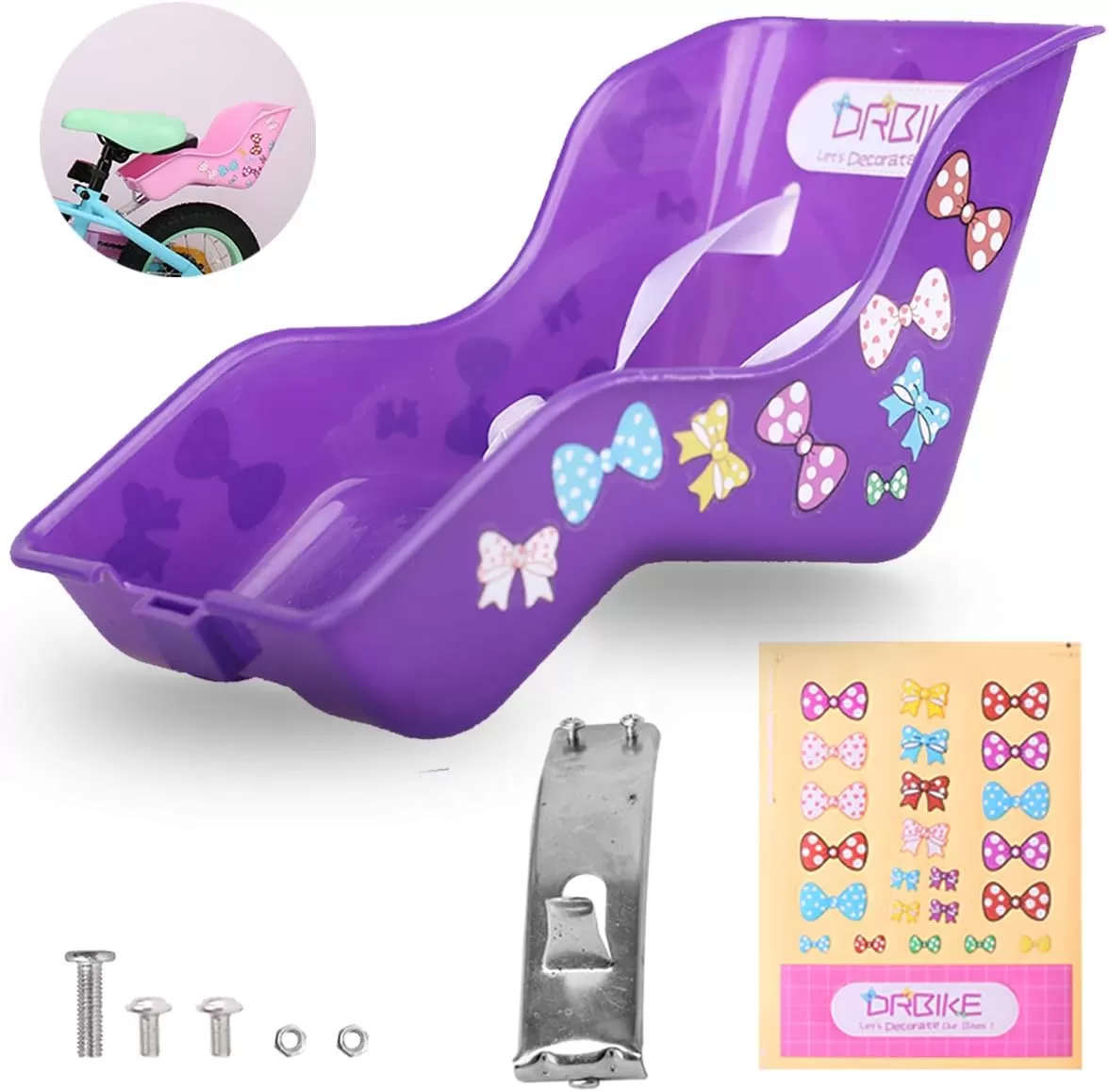 imageDRBIKE Doll Bike Seat Bicycle Seat with Decorate Yourself Decals for Girls Bike Doll Carrier Fits Standard Sized Dolls and Stuffed Animals Bike Attachment Kids Bike AccessoriesPurple