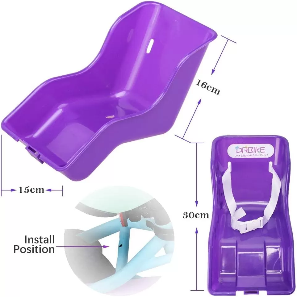 imageDRBIKE Doll Bike Seat Bicycle Seat with Decorate Yourself Decals for Girls Bike Doll Carrier Fits Standard Sized Dolls and Stuffed Animals Bike Attachment Kids Bike AccessoriesPurple