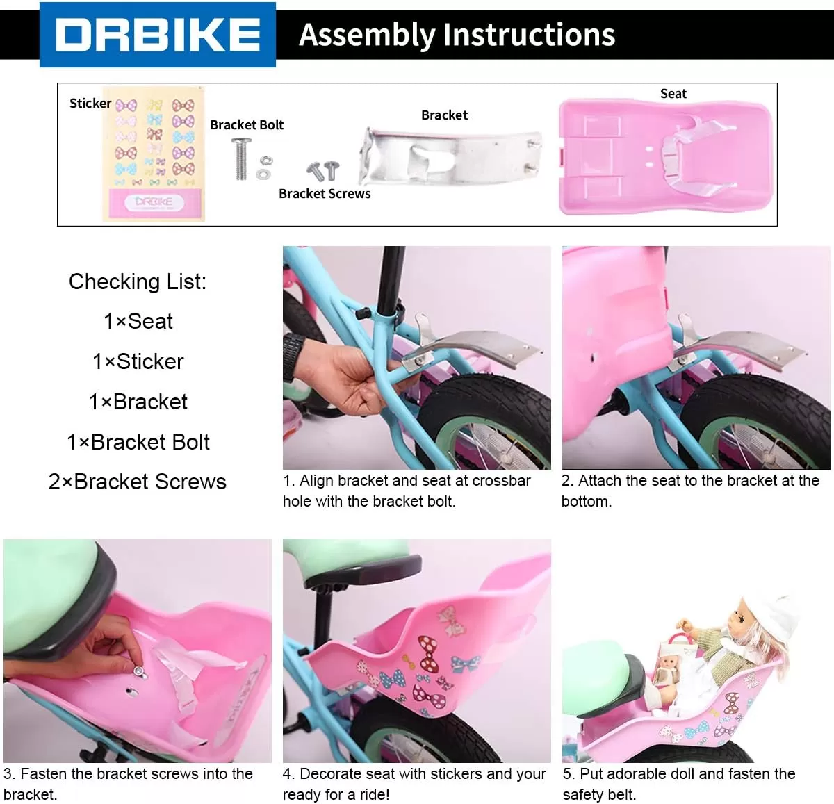 imageDRBIKE Doll Bike Seat Bicycle Seat with Decorate Yourself Decals for Girls Bike Doll Carrier Fits Standard Sized Dolls and Stuffed Animals Bike Attachment Kids Bike AccessoriesPink