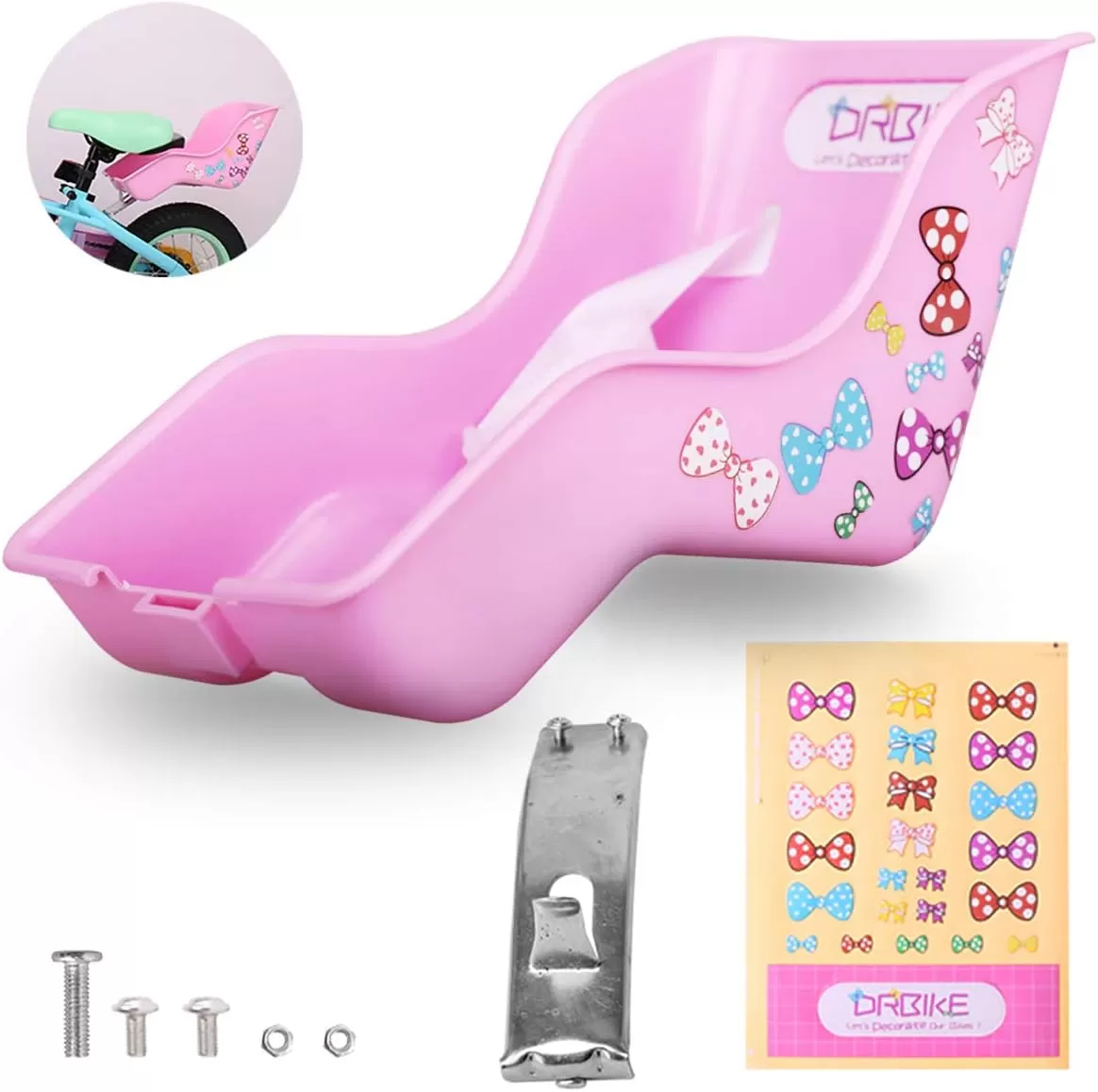 imageDRBIKE Doll Bike Seat Bicycle Seat with Decorate Yourself Decals for Girls Bike Doll Carrier Fits Standard Sized Dolls and Stuffed Animals Bike Attachment Kids Bike AccessoriesPink