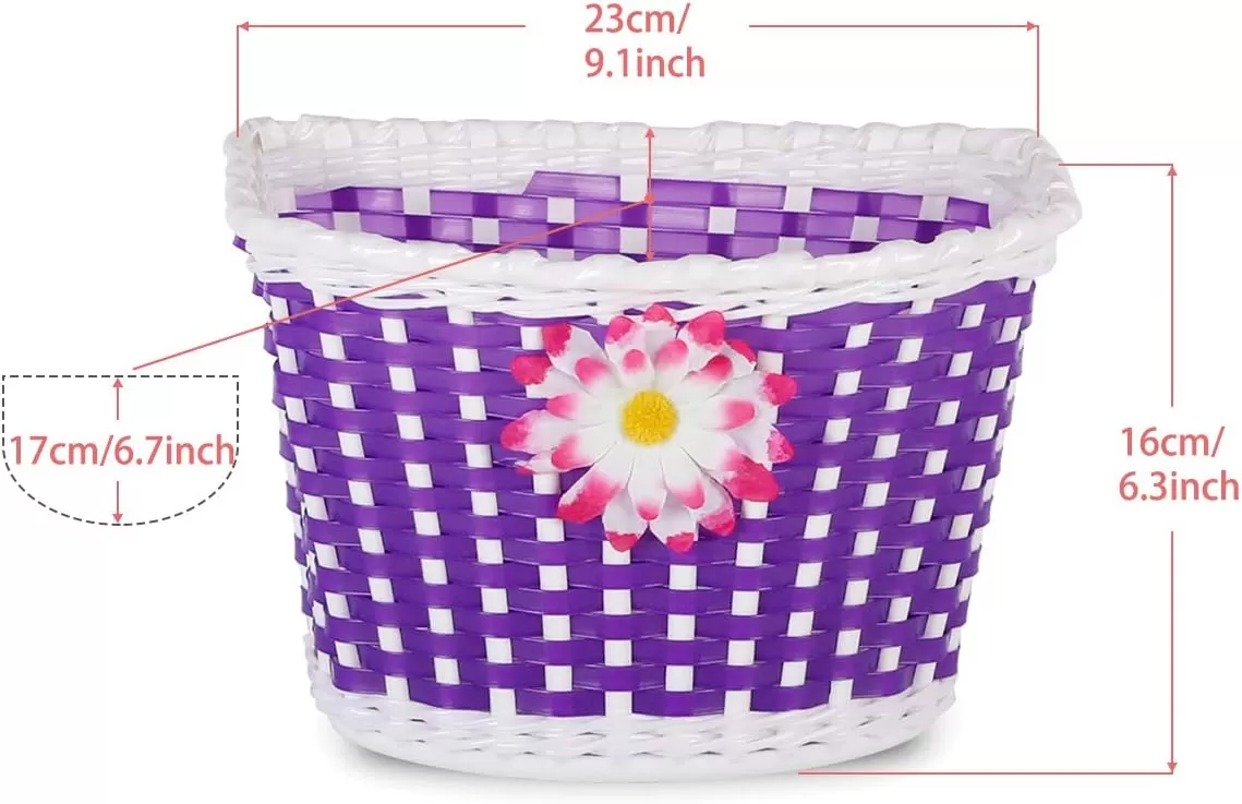 imageDRBIKE Kids Bike Basket for 12 14 16 inch Toddler Bike Replacement Girls Bike Basket with Flower or Bowknot Kids Bike AccessoriesPurple