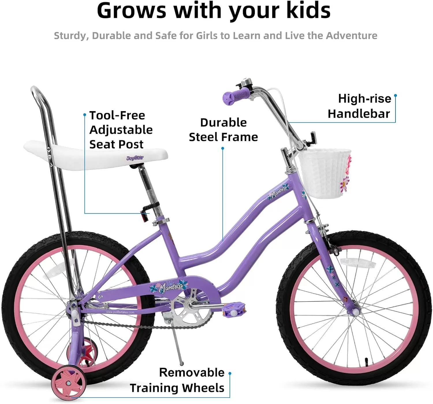 imageJOYSTAR 20 Inch Girls Bike with Training Wheels Banana Seat Bike for Girls Ages 712 Years Old Kids Girls Bicycle with Front Handbrake and Coaster Brakes Kickstand IncludedPurple