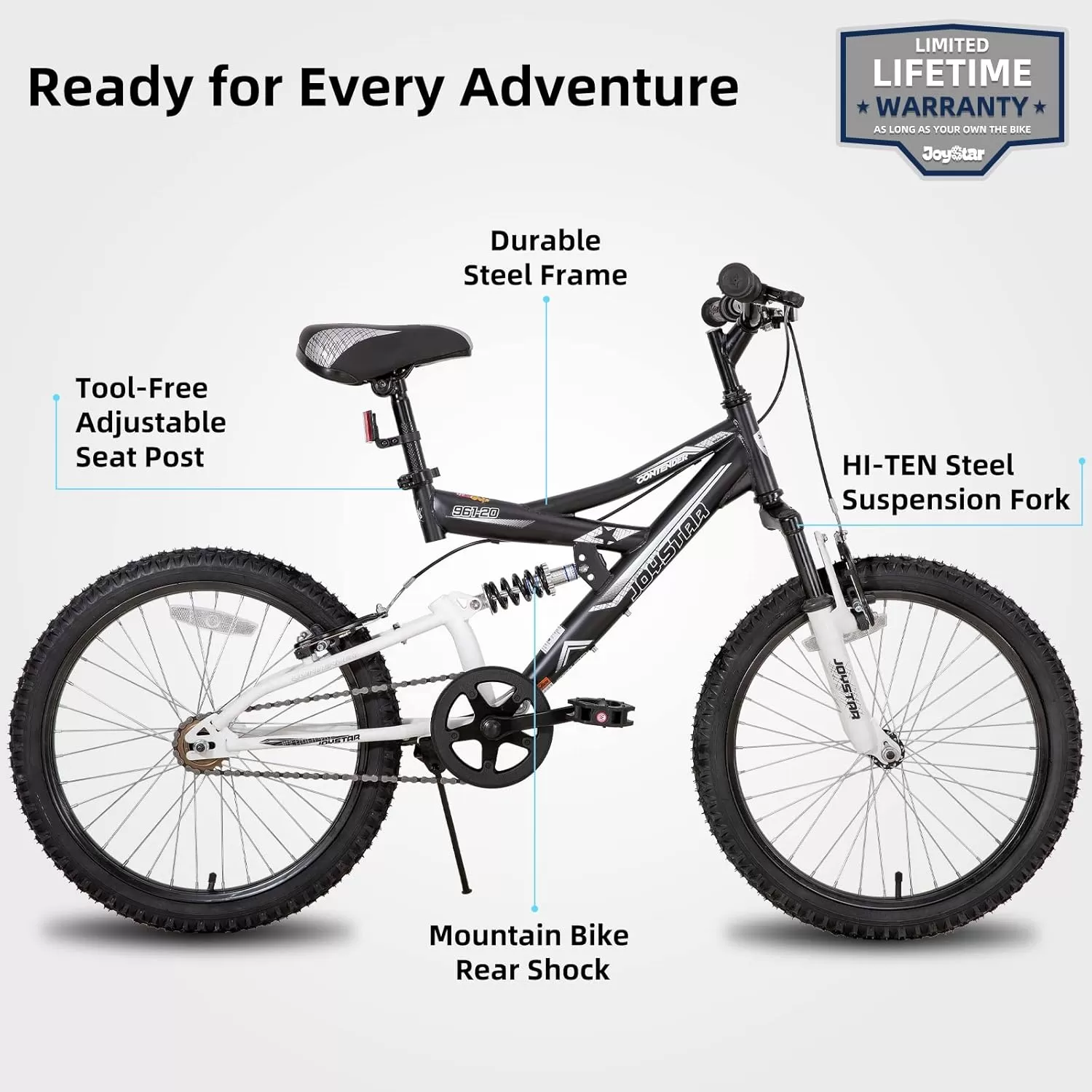 imageJOYSTAR 20 Inch Kids Bike for Boys Girls Ages 713 Years Old DualSuspension Kids Mountain Bike with Dual Handbrake ampamp Kickstand Multiple ColorsBlack