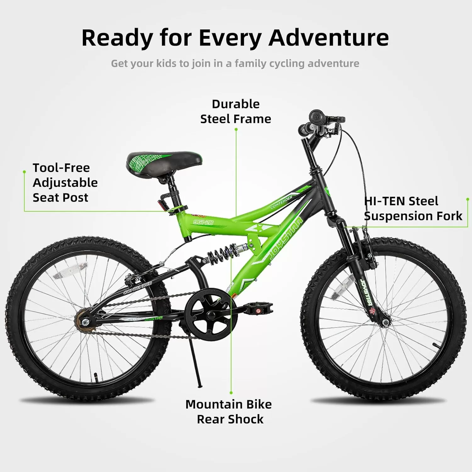 imageJOYSTAR 20 Inch Kids Bike for Boys Girls Ages 713 Years Old DualSuspension Kids Mountain Bike with Dual Handbrake ampamp Kickstand Multiple ColorsGreen