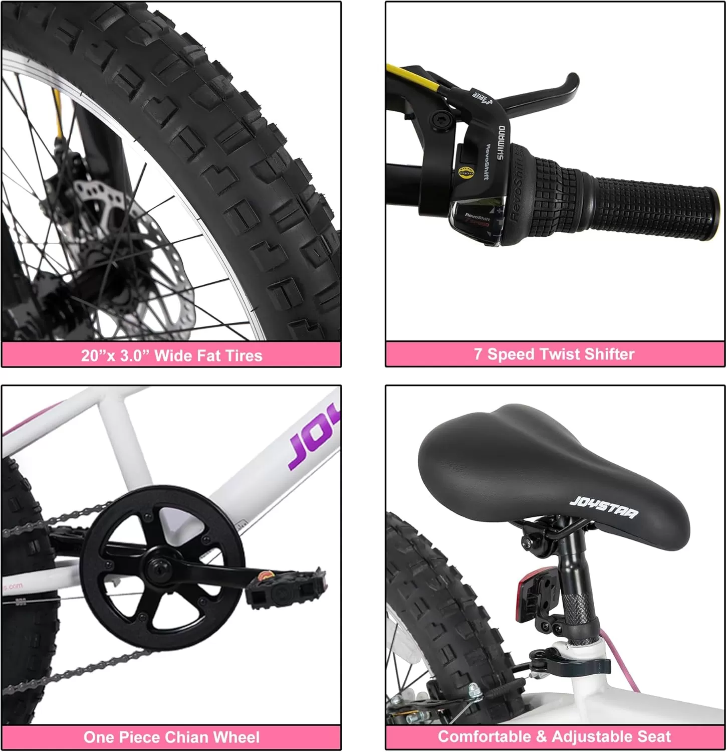 imageJOYSTAR 20 Inch Mountain Bike for Kids Ages 712 Year Old 3Inch Wide Knobby Tires 7 Speed Shimano Drivetrain Disc Brakes Fat Tire Kids Bicycles for Boys GirlsWhite
