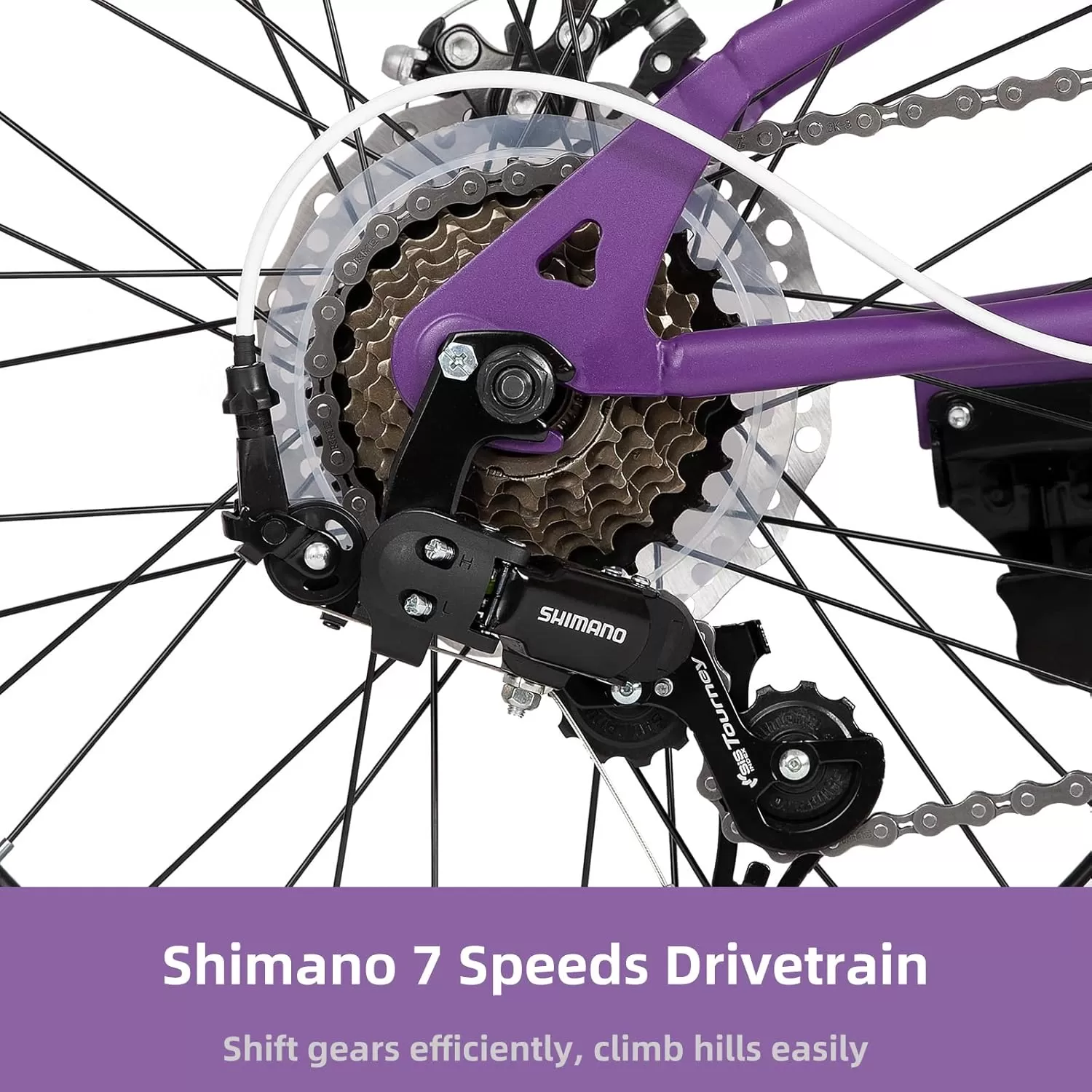 imageJOYSTAR 20 Inch Mountain Bike for Kids Ages 712 Year Old 3Inch Wide Knobby Tires 7 Speed Shimano Drivetrain Disc Brakes Fat Tire Kids Bicycles for Boys GirlsPurple