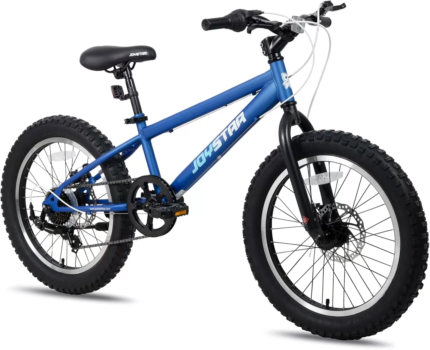 imageJOYSTAR 20 Inch Mountain Bike for Kids Ages 712 Year Old 3Inch Wide Knobby Tires 7 Speed Shimano Drivetrain Disc Brakes Fat Tire Kids Bicycles for Boys GirlsBlue