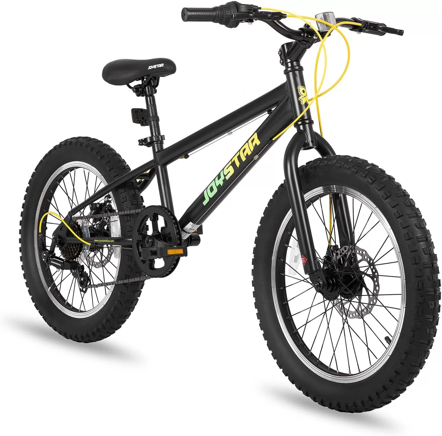 imageJOYSTAR 20 Inch Mountain Bike for Kids Ages 712 Year Old 3Inch Wide Knobby Tires 7 Speed Shimano Drivetrain Disc Brakes Fat Tire Kids Bicycles for Boys GirlsBlack