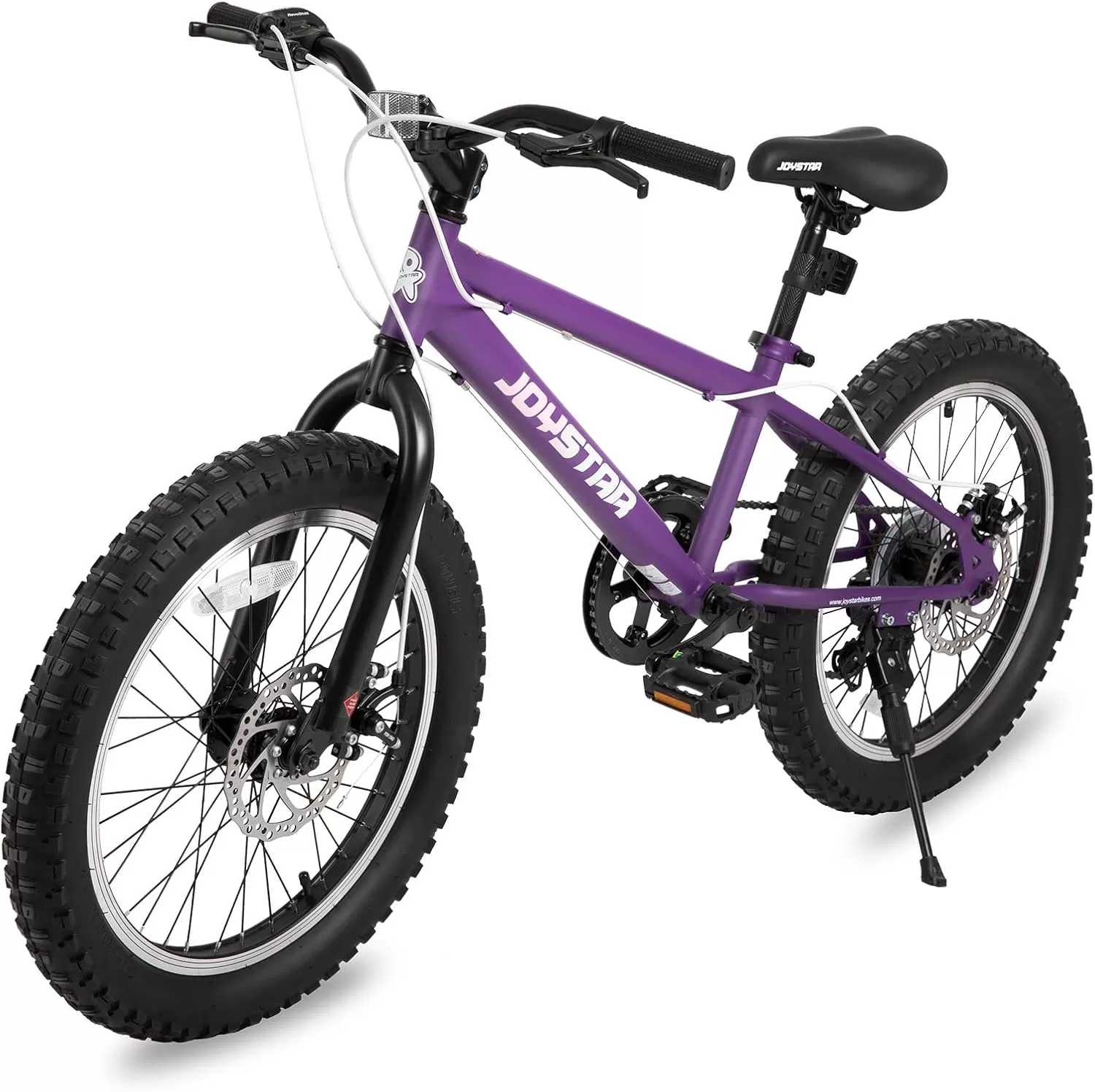 imageJOYSTAR 20 Inch Mountain Bike for Kids Ages 712 Year Old 3Inch Wide Knobby Tires 7 Speed Shimano Drivetrain Disc Brakes Fat Tire Kids Bicycles for Boys GirlsPurple