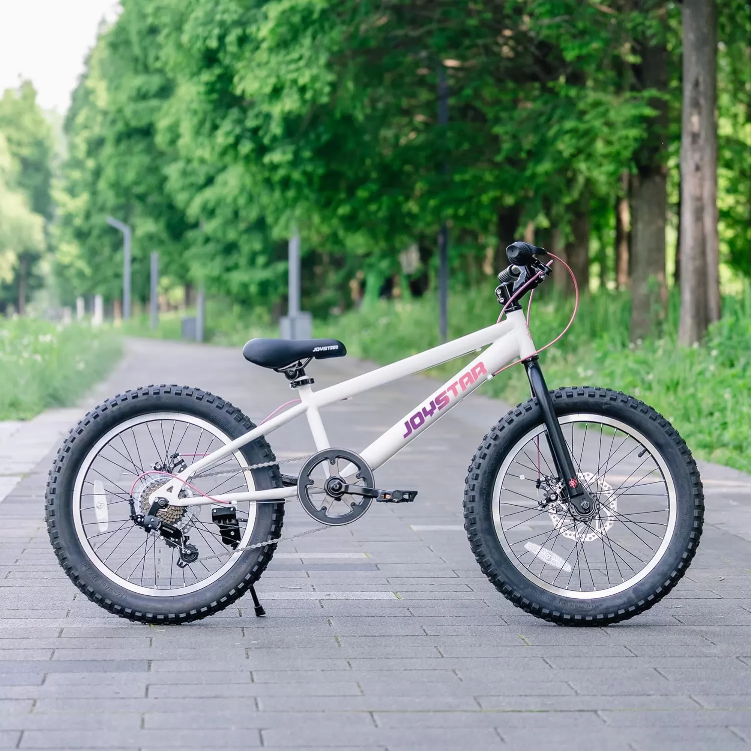 imageJOYSTAR 20 Inch Mountain Bike for Kids Ages 712 Year Old 3Inch Wide Knobby Tires 7 Speed Shimano Drivetrain Disc Brakes Fat Tire Kids Bicycles for Boys GirlsWhite