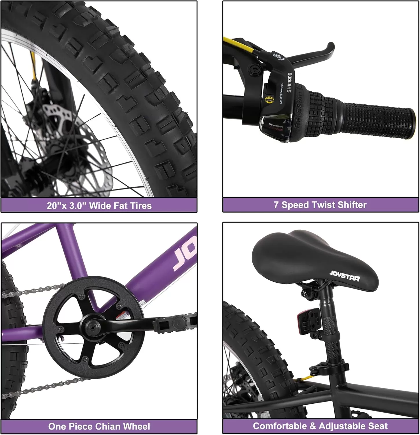 imageJOYSTAR 20 Inch Mountain Bike for Kids Ages 712 Year Old 3Inch Wide Knobby Tires 7 Speed Shimano Drivetrain Disc Brakes Fat Tire Kids Bicycles for Boys GirlsPurple
