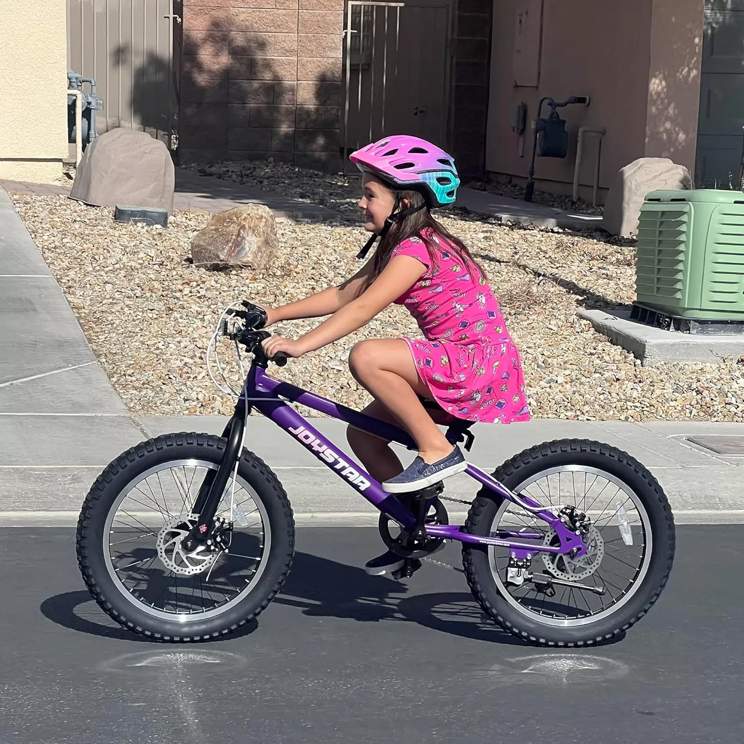 imageJOYSTAR 20 Inch Mountain Bike for Kids Ages 712 Year Old 3Inch Wide Knobby Tires 7 Speed Shimano Drivetrain Disc Brakes Fat Tire Kids Bicycles for Boys GirlsPurple