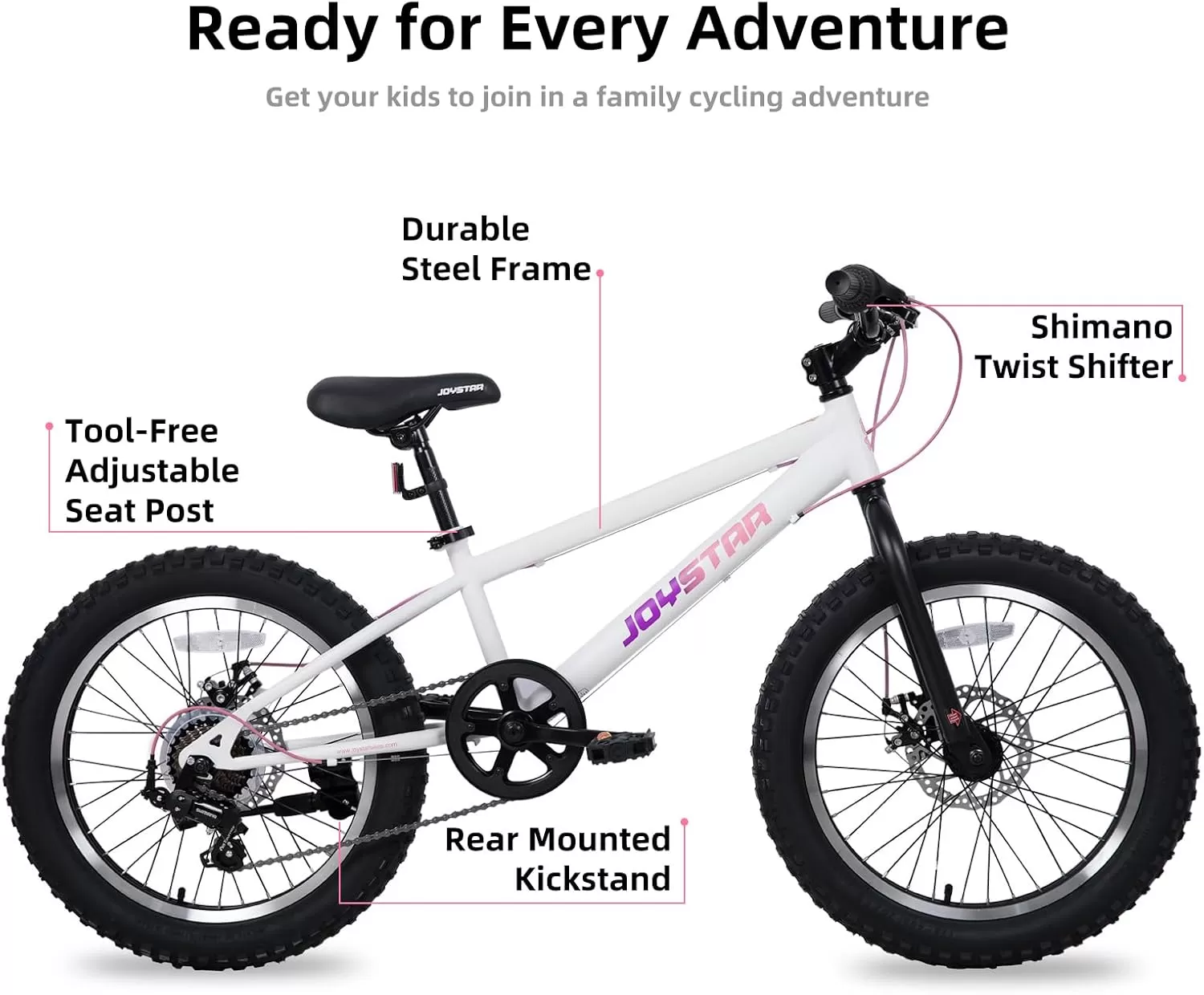 imageJOYSTAR 20 Inch Mountain Bike for Kids Ages 712 Year Old 3Inch Wide Knobby Tires 7 Speed Shimano Drivetrain Disc Brakes Fat Tire Kids Bicycles for Boys GirlsWhite