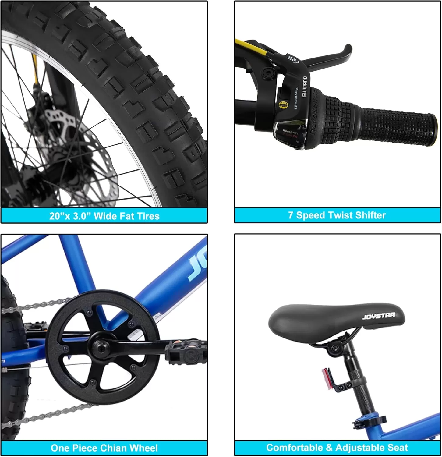 imageJOYSTAR 20 Inch Mountain Bike for Kids Ages 712 Year Old 3Inch Wide Knobby Tires 7 Speed Shimano Drivetrain Disc Brakes Fat Tire Kids Bicycles for Boys GirlsBlue