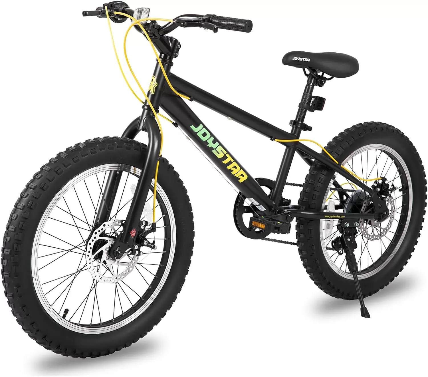 imageJOYSTAR 20 Inch Mountain Bike for Kids Ages 712 Year Old 3Inch Wide Knobby Tires 7 Speed Shimano Drivetrain Disc Brakes Fat Tire Kids Bicycles for Boys GirlsBlack