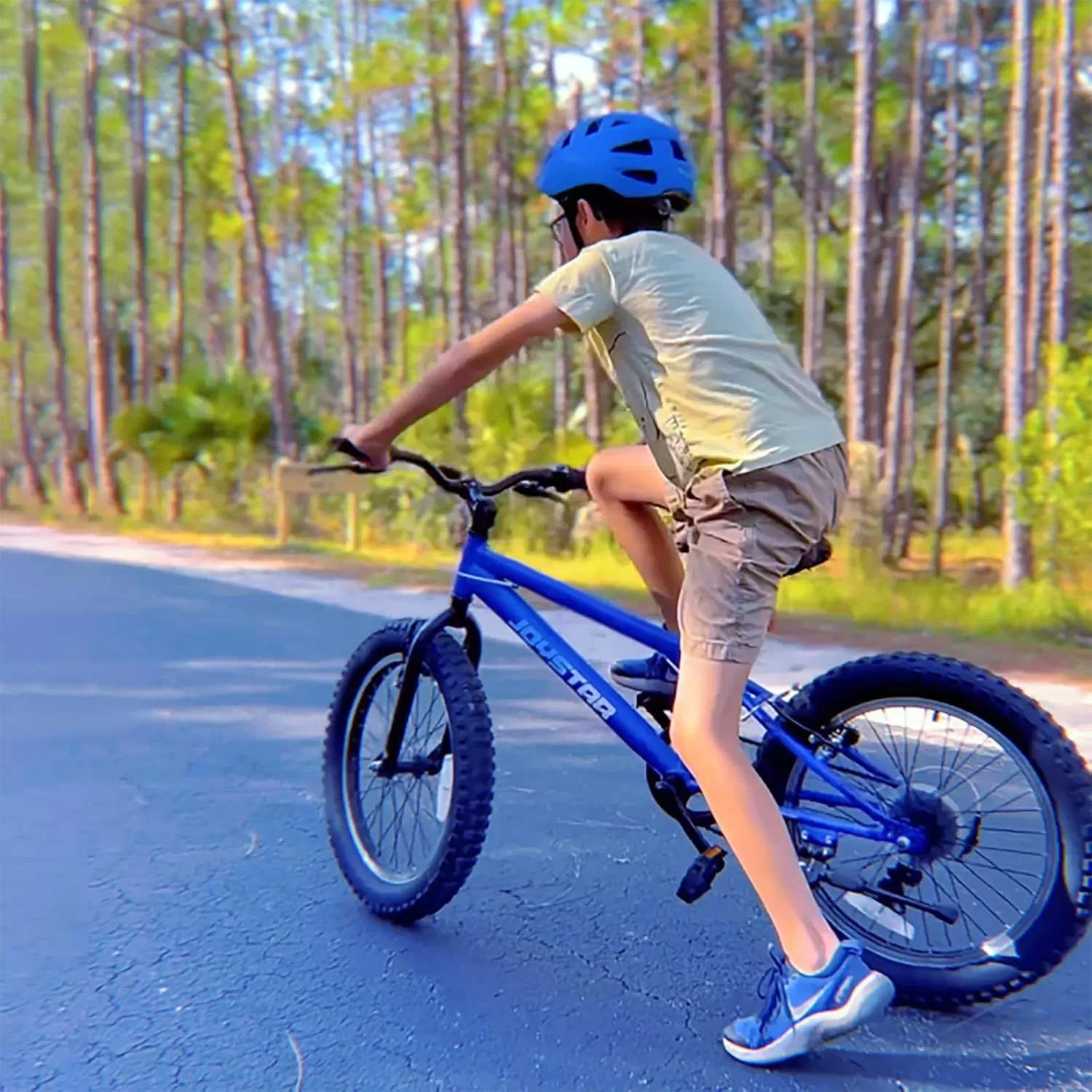imageJOYSTAR 20 Inch Mountain Bike for Kids Ages 712 Year Old 3Inch Wide Knobby Tires 7 Speed Shimano Drivetrain Disc Brakes Fat Tire Kids Bicycles for Boys GirlsBlue