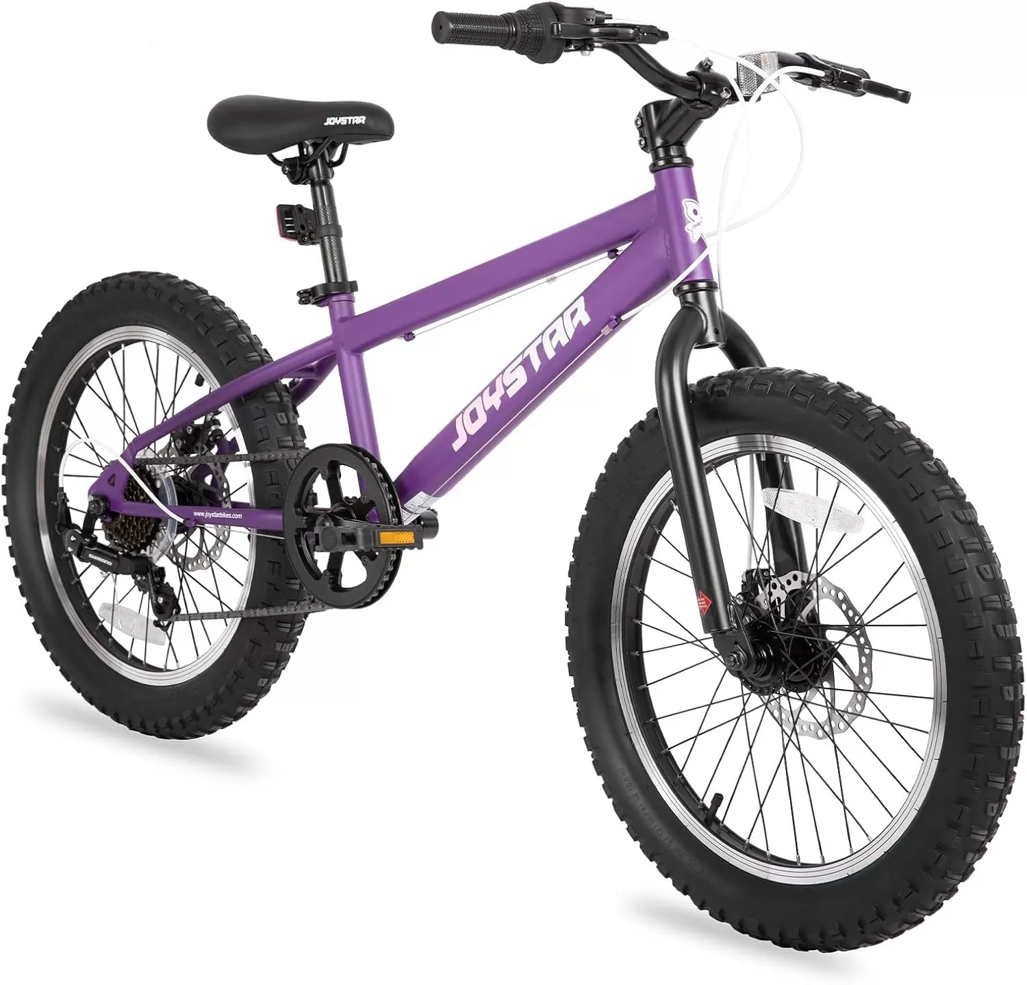 imageJOYSTAR 20 Inch Mountain Bike for Kids Ages 712 Year Old 3Inch Wide Knobby Tires 7 Speed Shimano Drivetrain Disc Brakes Fat Tire Kids Bicycles for Boys GirlsPurple