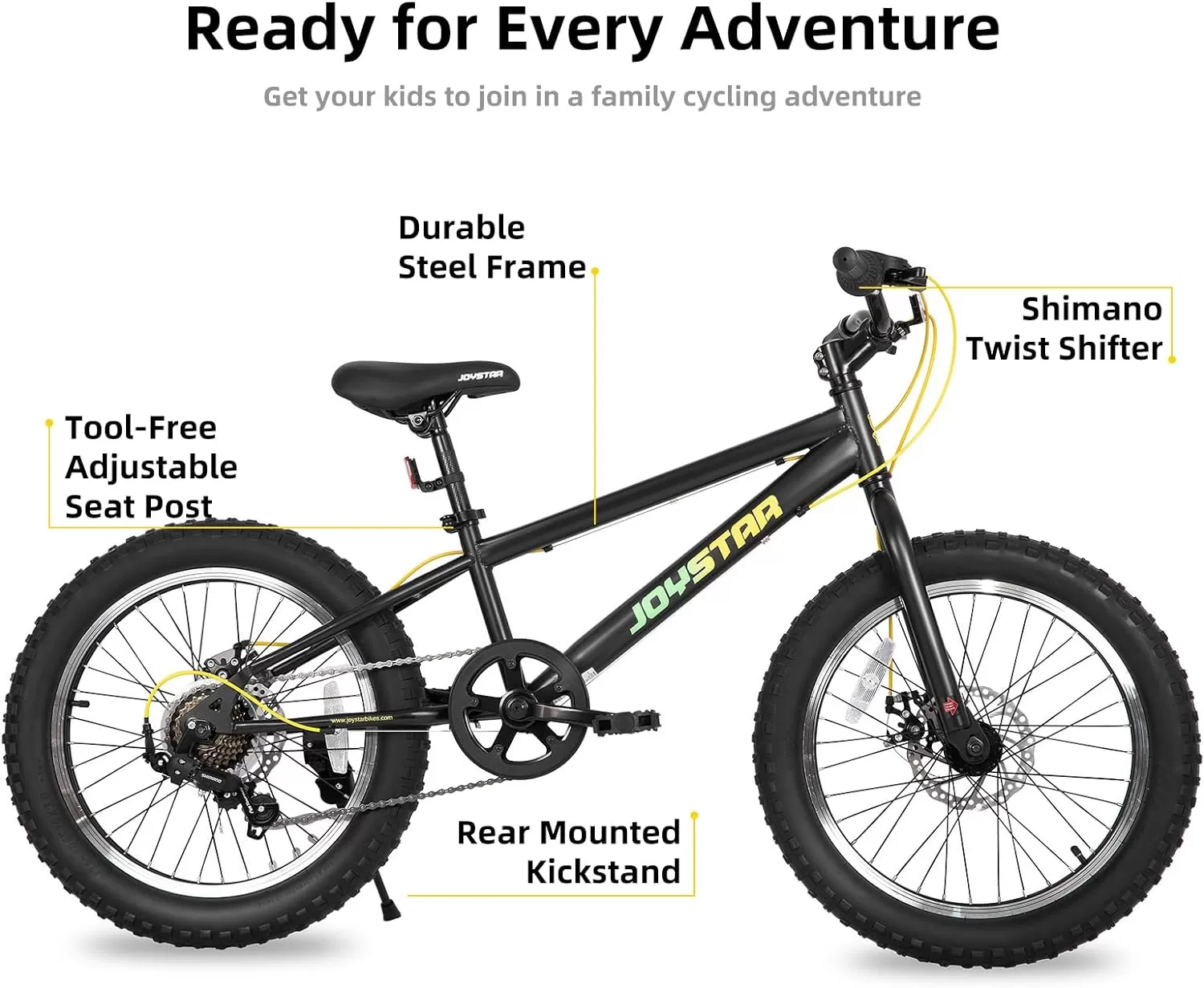 imageJOYSTAR 20 Inch Mountain Bike for Kids Ages 712 Year Old 3Inch Wide Knobby Tires 7 Speed Shimano Drivetrain Disc Brakes Fat Tire Kids Bicycles for Boys GirlsBlack