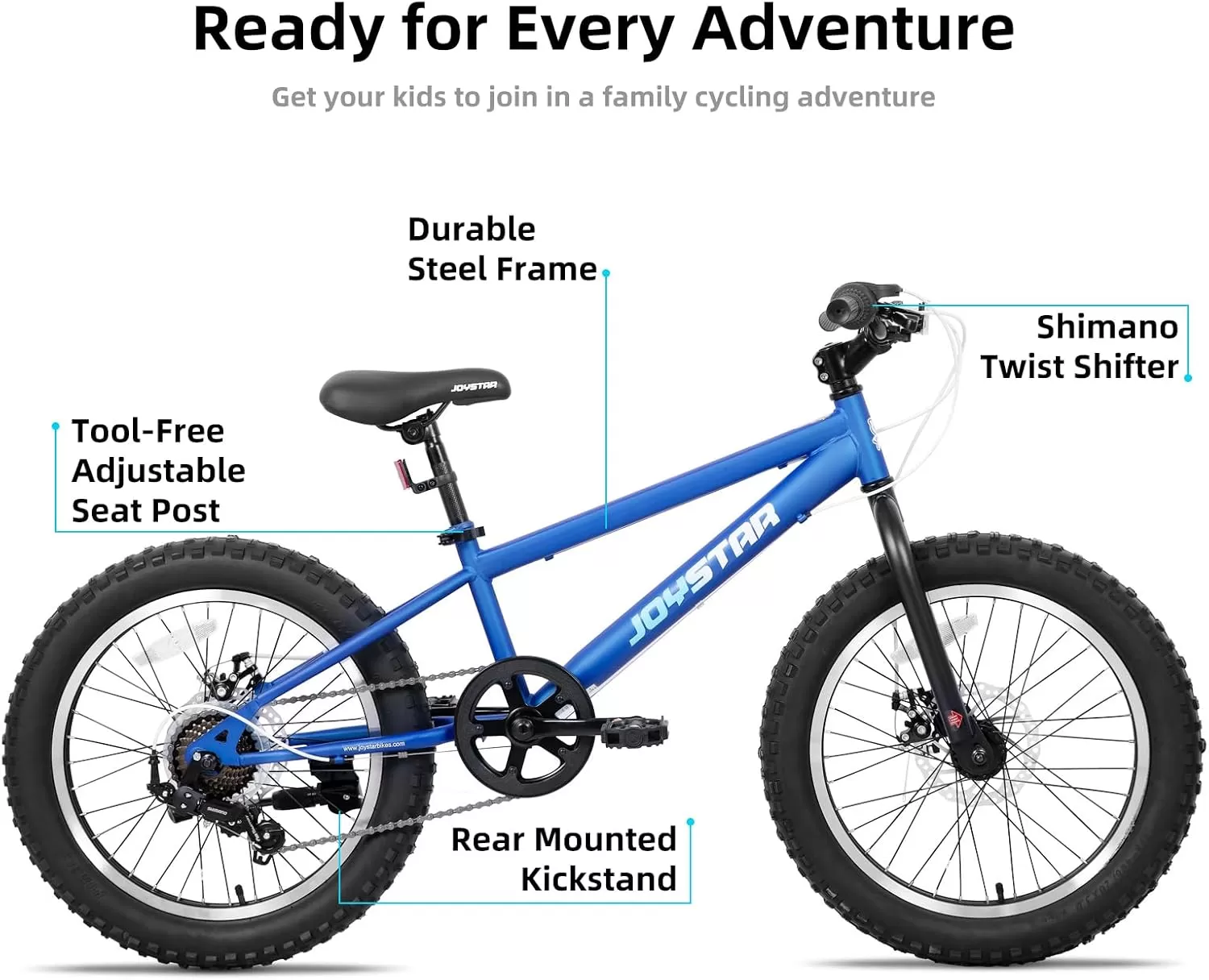 imageJOYSTAR 20 Inch Mountain Bike for Kids Ages 712 Year Old 3Inch Wide Knobby Tires 7 Speed Shimano Drivetrain Disc Brakes Fat Tire Kids Bicycles for Boys GirlsBlue