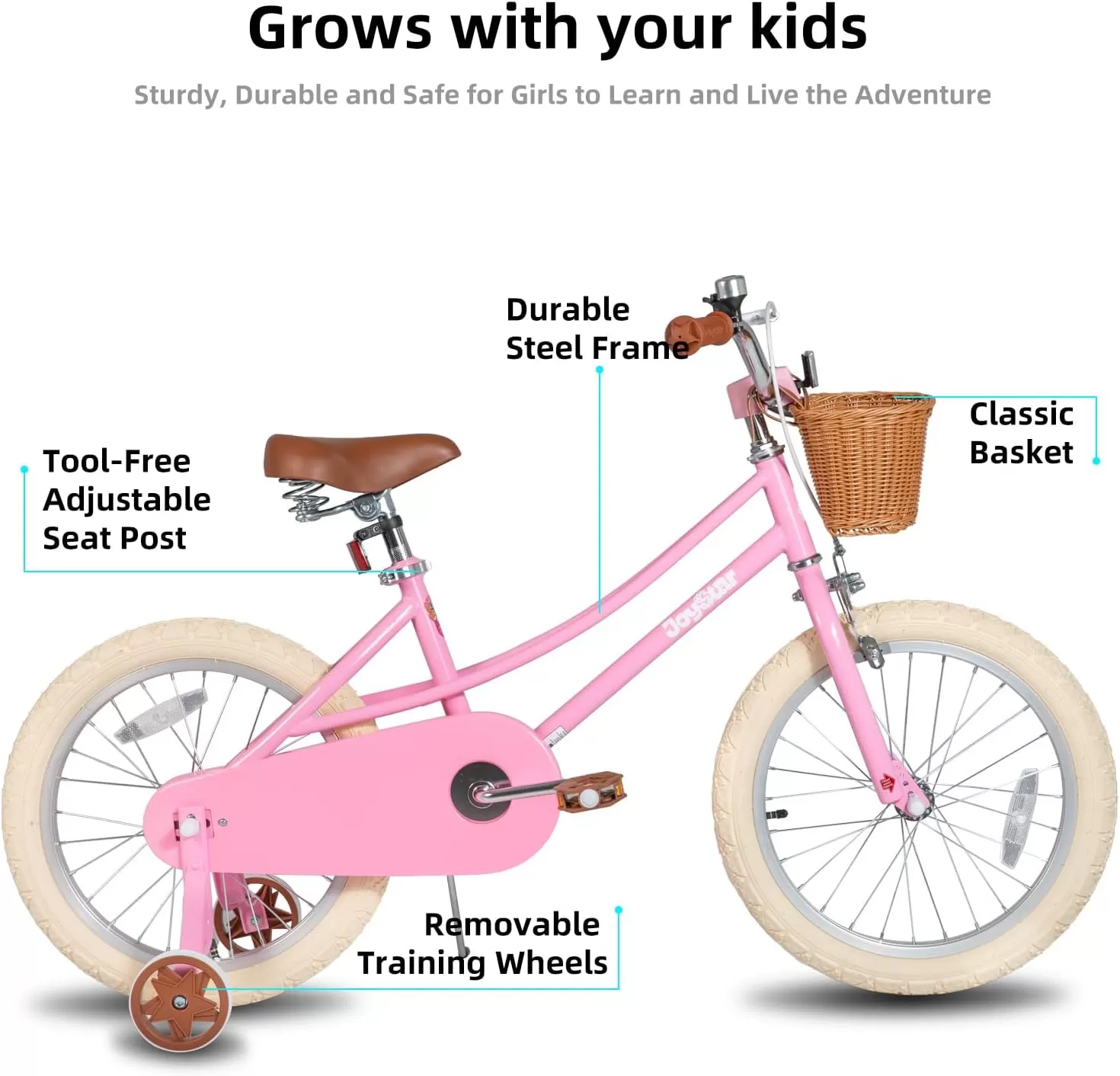 imageJOYSTAR Girls Bike for 212 Years Old Toddlers and Kids 12quot 14quot 16quot Kids Bike with Training Wheels 20 Inch Kids Bicycle with Kickstand Retro Style Kids BikesLight Pink