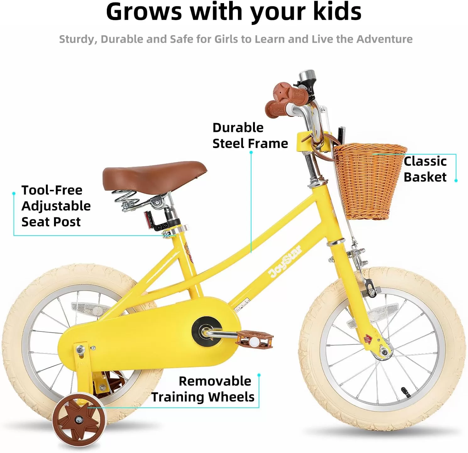 imageJOYSTAR Girls Bike for 212 Years Old Toddlers and Kids 12quot 14quot 16quot Kids Bike with Training Wheels 20 Inch Kids Bicycle with Kickstand Retro Style Kids BikesSunny Yellow