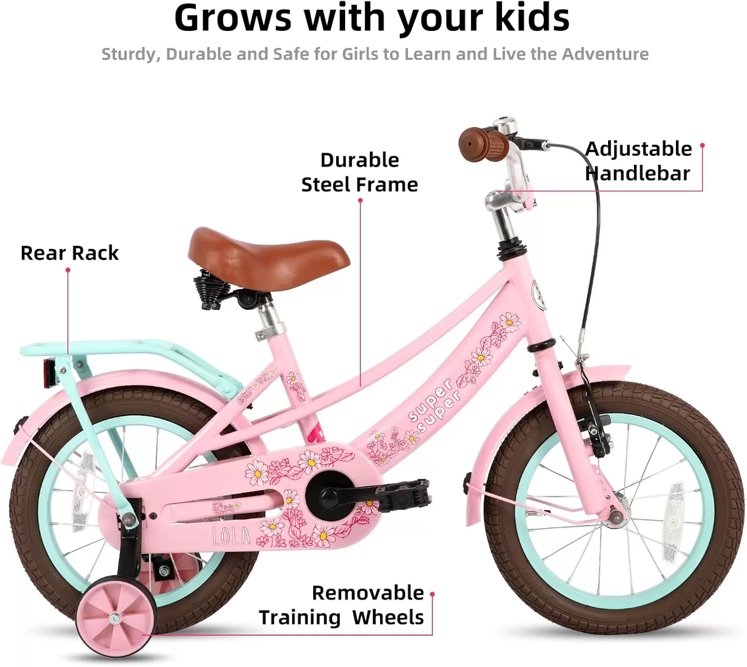 imageJOYSTAR Girls Bike for Toddlers and Kids Age 310 Years 14 16 18 Inch Kids Bike with Training Wheels and Handbrakes 20Inch Girls Bike Multiple ColorsLola Pink