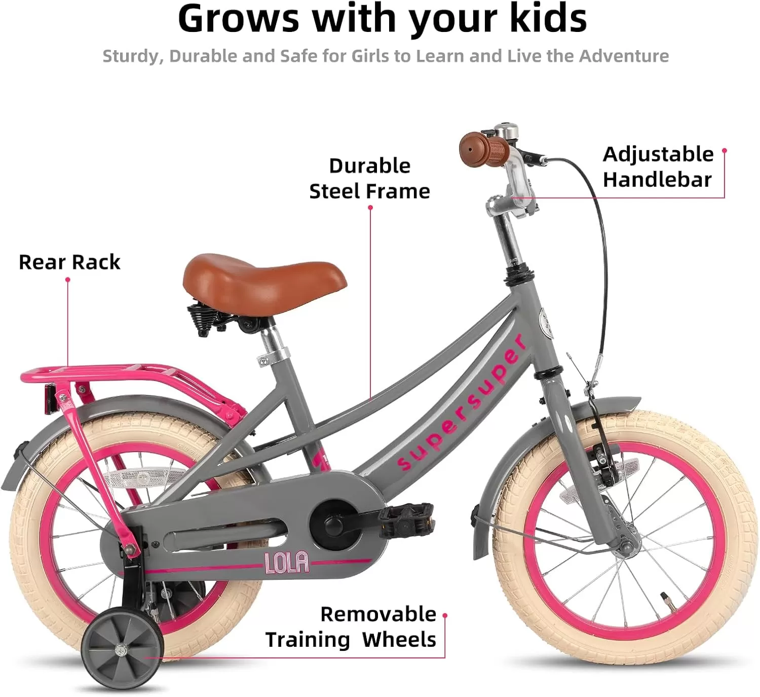 imageJOYSTAR Girls Bike for Toddlers and Kids Age 310 Years 14 16 18 Inch Kids Bike with Training Wheels and Handbrakes 20Inch Girls Bike Multiple ColorsLola Grey