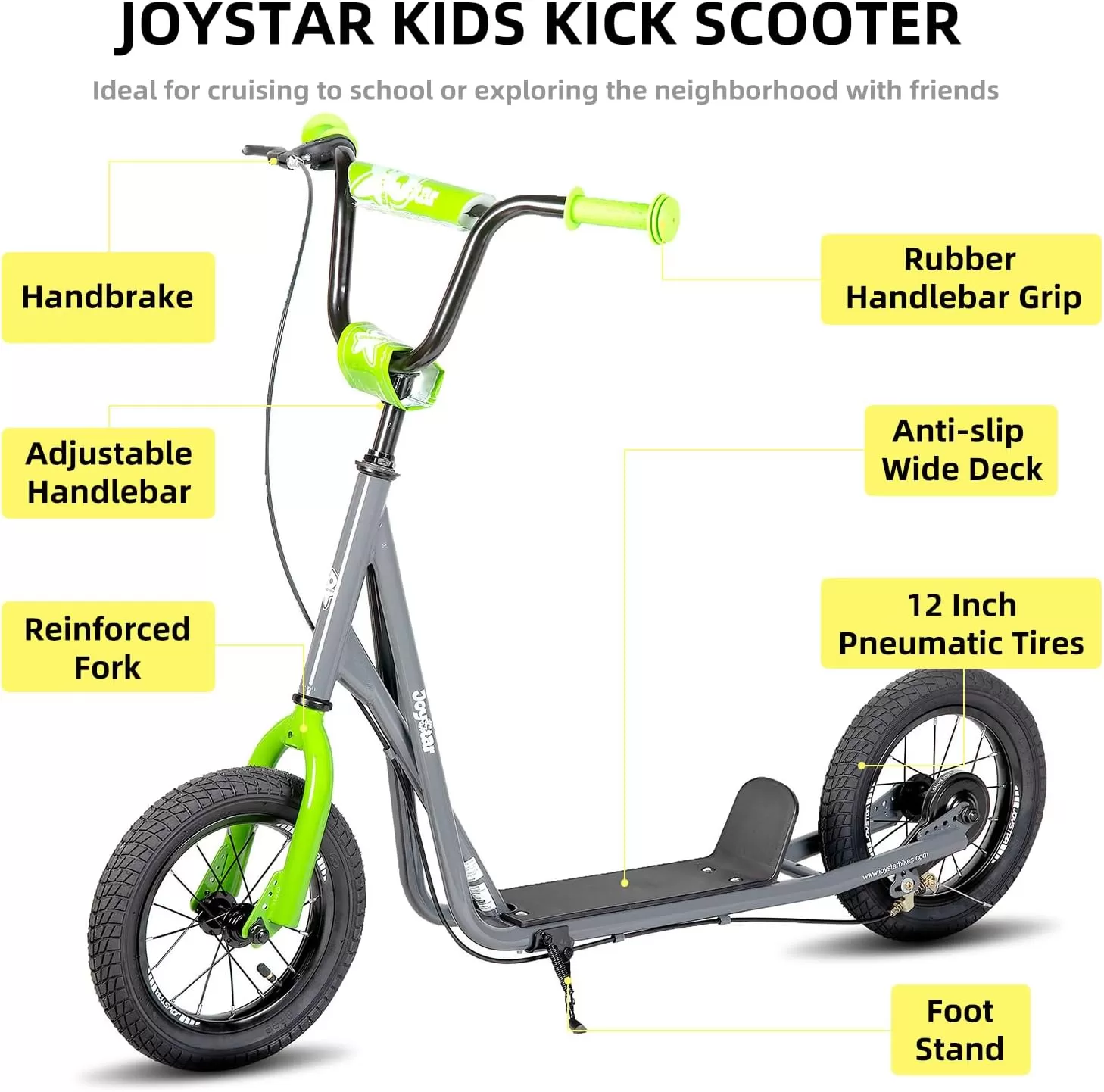 imageJOYSTAR Kick Scooter for Ages 59 Years Old Boys Girls 12 Inch Big Wheels Scooters for Kids Teens and Adults Rear Brake and Adjustable Handlebar Kids ScooterGray