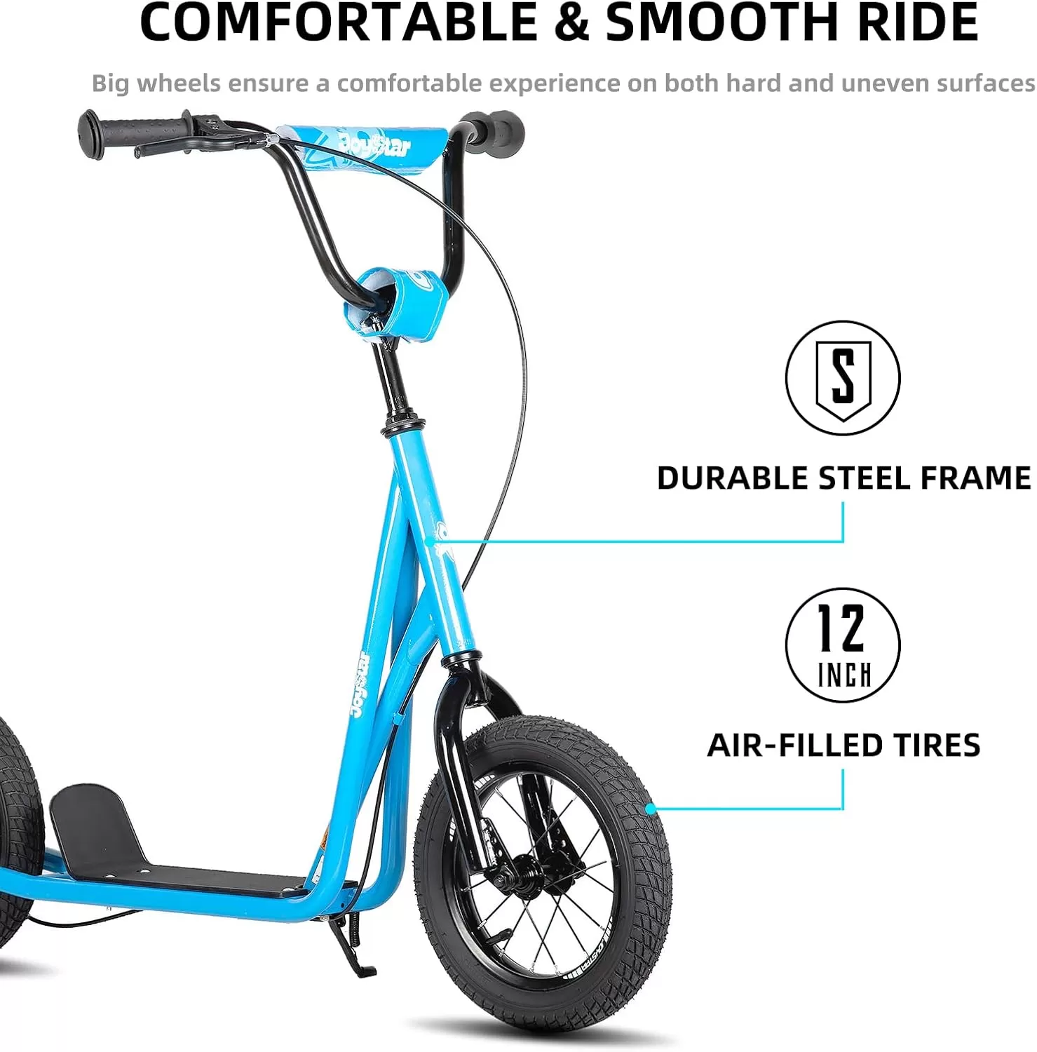 imageJOYSTAR Kick Scooter for Ages 59 Years Old Boys Girls 12 Inch Big Wheels Scooters for Kids Teens and Adults Rear Brake and Adjustable Handlebar Kids ScooterBlue