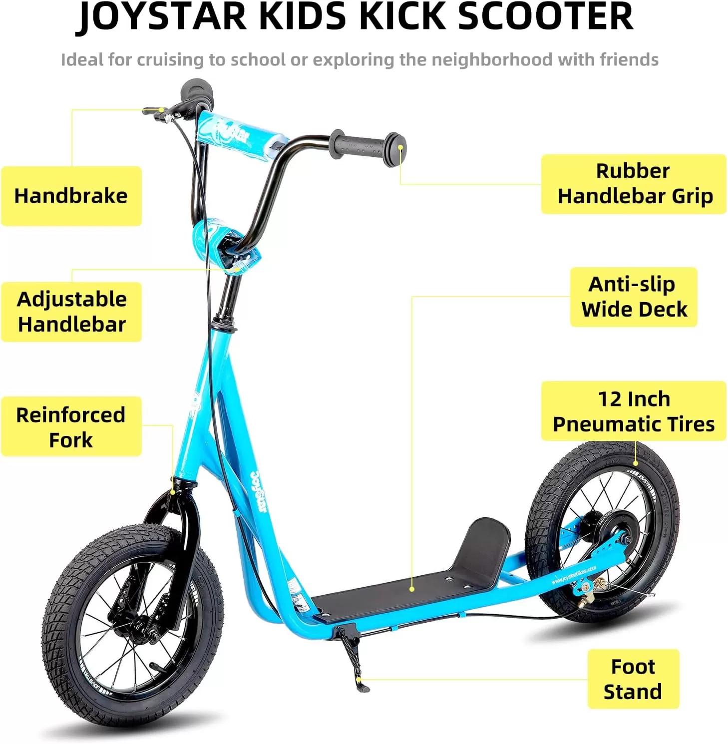 imageJOYSTAR Kick Scooter for Ages 59 Years Old Boys Girls 12 Inch Big Wheels Scooters for Kids Teens and Adults Rear Brake and Adjustable Handlebar Kids ScooterBlue