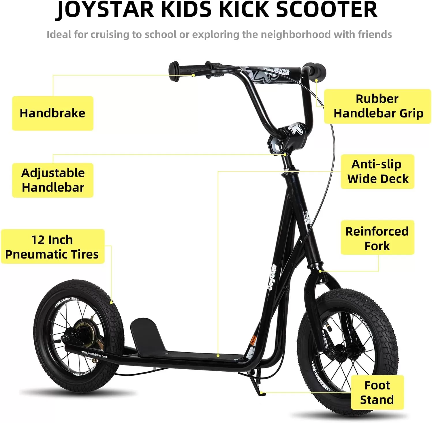imageJOYSTAR Kick Scooter for Ages 59 Years Old Boys Girls 12 Inch Big Wheels Scooters for Kids Teens and Adults Rear Brake and Adjustable Handlebar Kids ScooterBlack