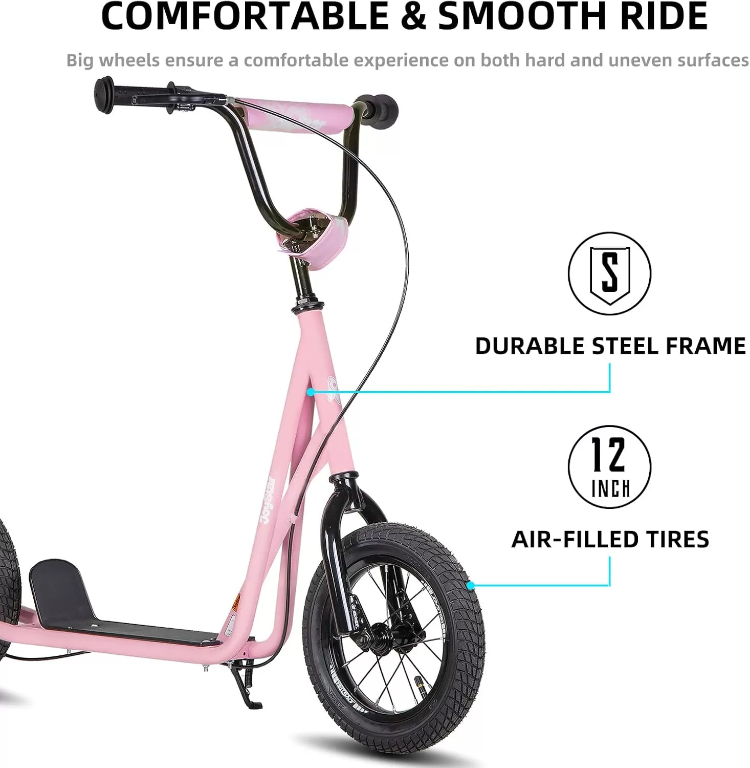 imageJOYSTAR Kick Scooter for Ages 59 Years Old Boys Girls 12 Inch Big Wheels Scooters for Kids Teens and Adults Rear Brake and Adjustable Handlebar Kids ScooterPink