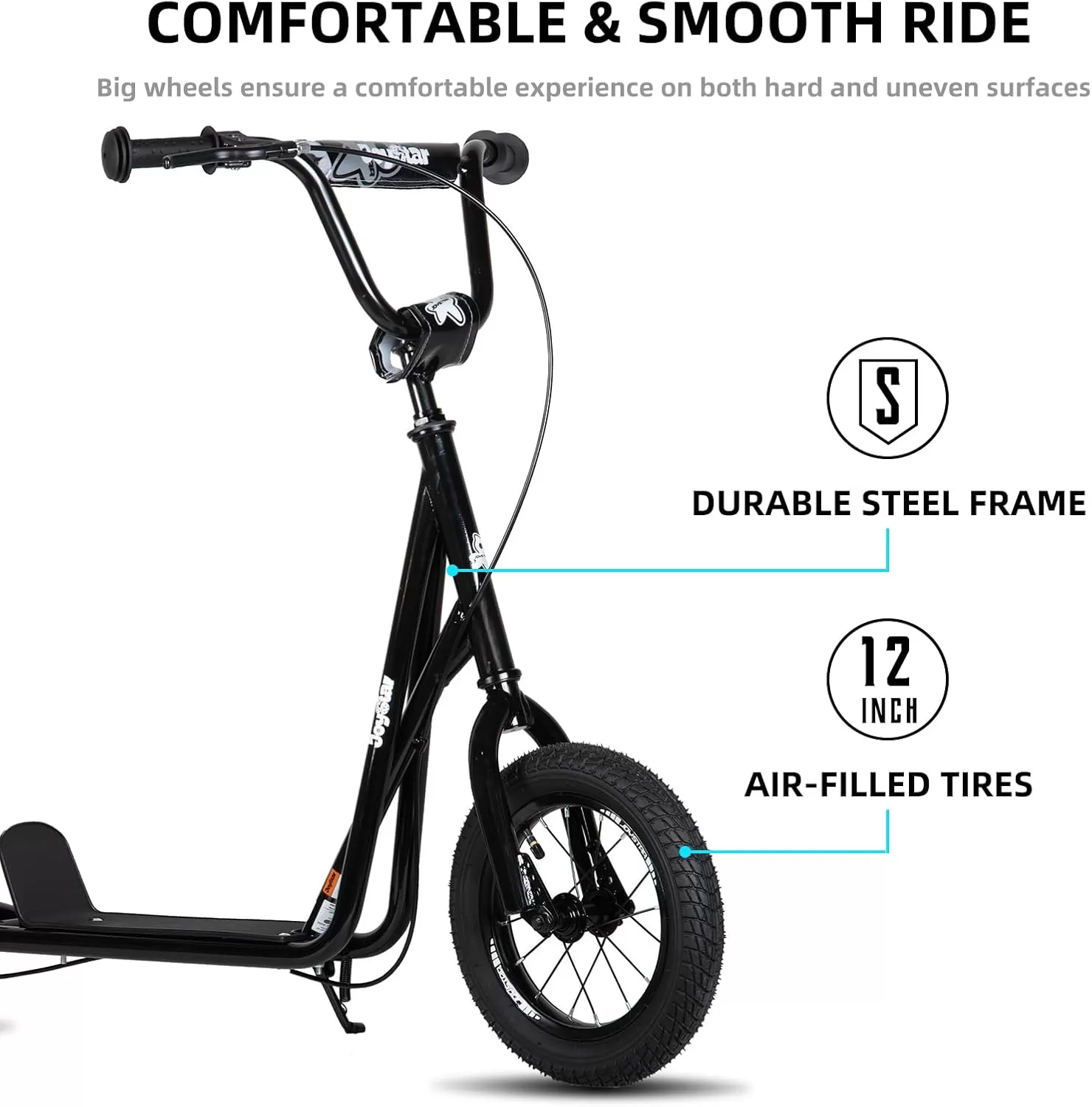 imageJOYSTAR Kick Scooter for Ages 59 Years Old Boys Girls 12 Inch Big Wheels Scooters for Kids Teens and Adults Rear Brake and Adjustable Handlebar Kids ScooterBlack