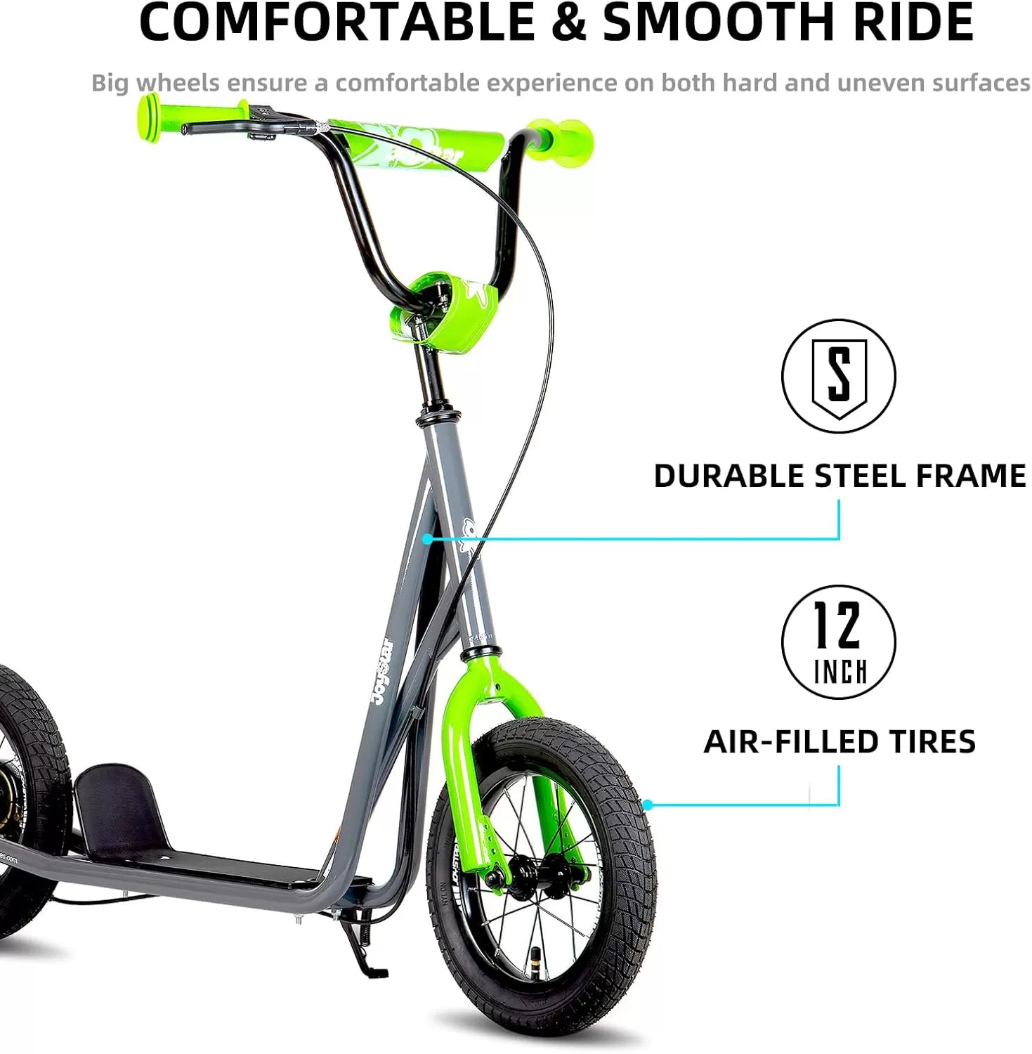 imageJOYSTAR Kick Scooter for Ages 59 Years Old Boys Girls 12 Inch Big Wheels Scooters for Kids Teens and Adults Rear Brake and Adjustable Handlebar Kids ScooterGray