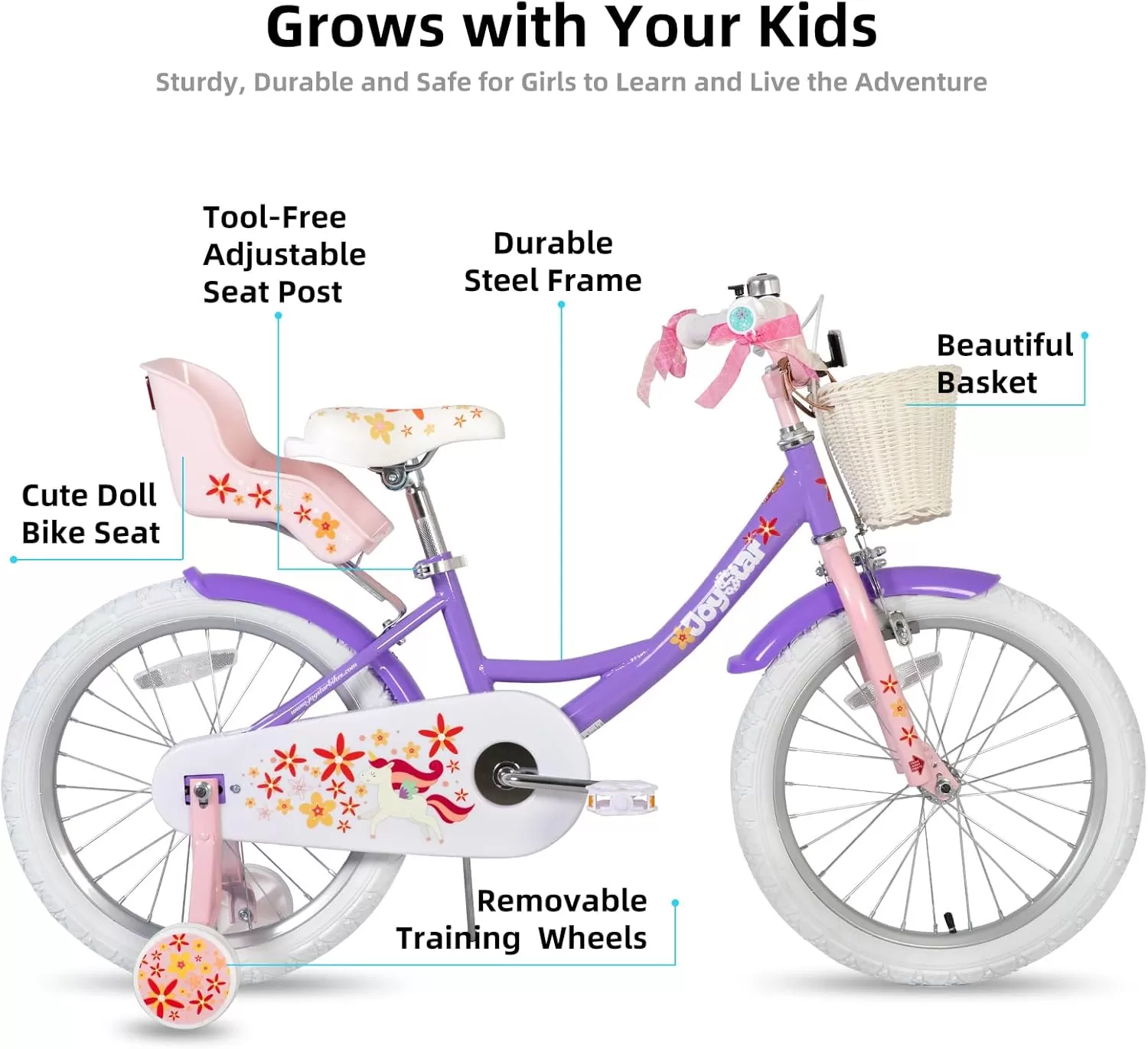 imageJOYSTAR Unicorn Kids Bike for Girls Ages 29 Years Old 12 14 16 18 Inch Kids Bike with Training Wheels Doll Seat Streamers and Basket Toddler Girls Bike Multiple ColorsPurple