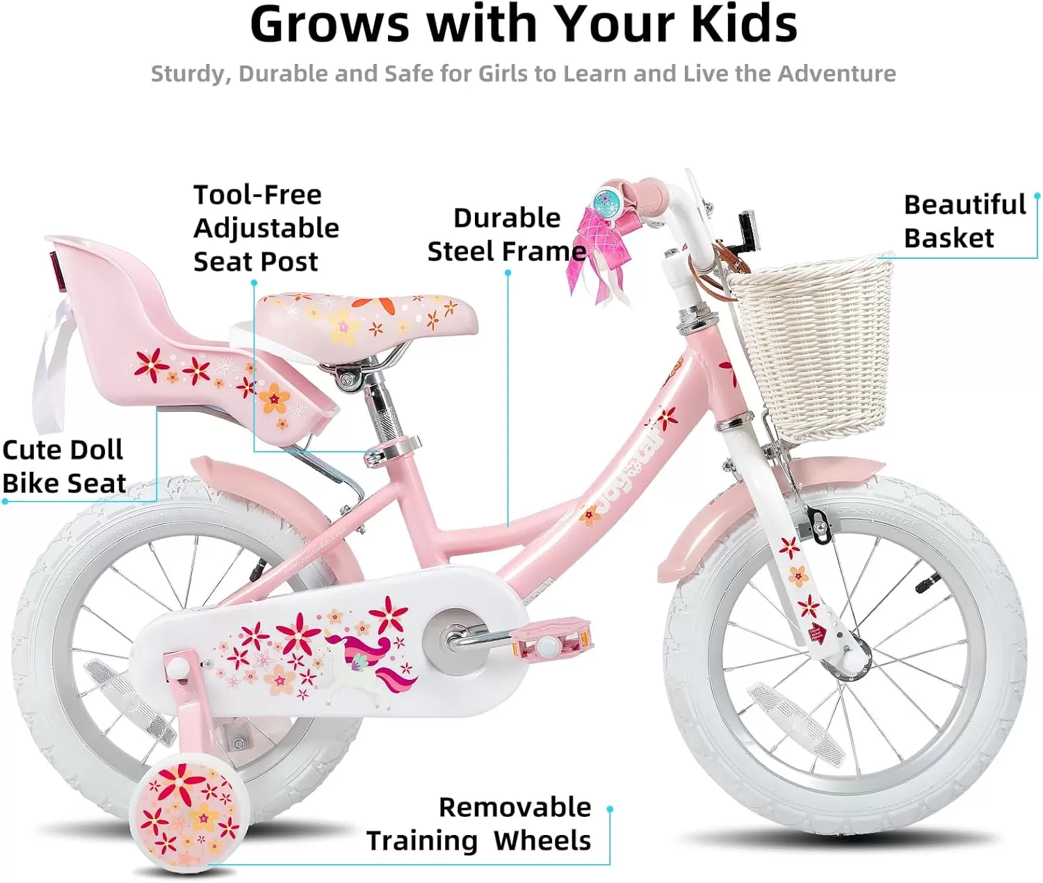 imageJOYSTAR Unicorn Kids Bike for Girls Ages 29 Years Old 12 14 16 18 Inch Kids Bike with Training Wheels Doll Seat Streamers and Basket Toddler Girls Bike Multiple ColorsPink