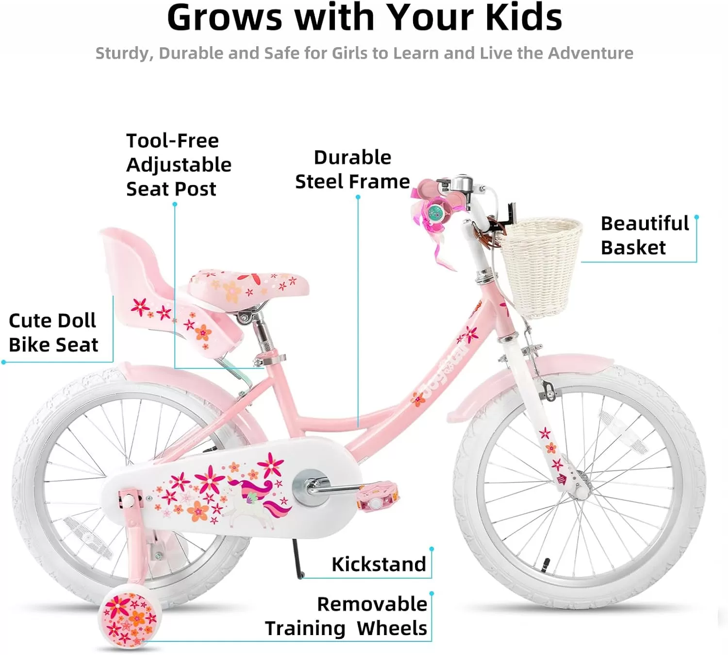 imageJOYSTAR Unicorn Kids Bike for Girls Ages 29 Years Old 12 14 16 18 Inch Kids Bike with Training Wheels Doll Seat Streamers and Basket Toddler Girls Bike Multiple ColorsPink
