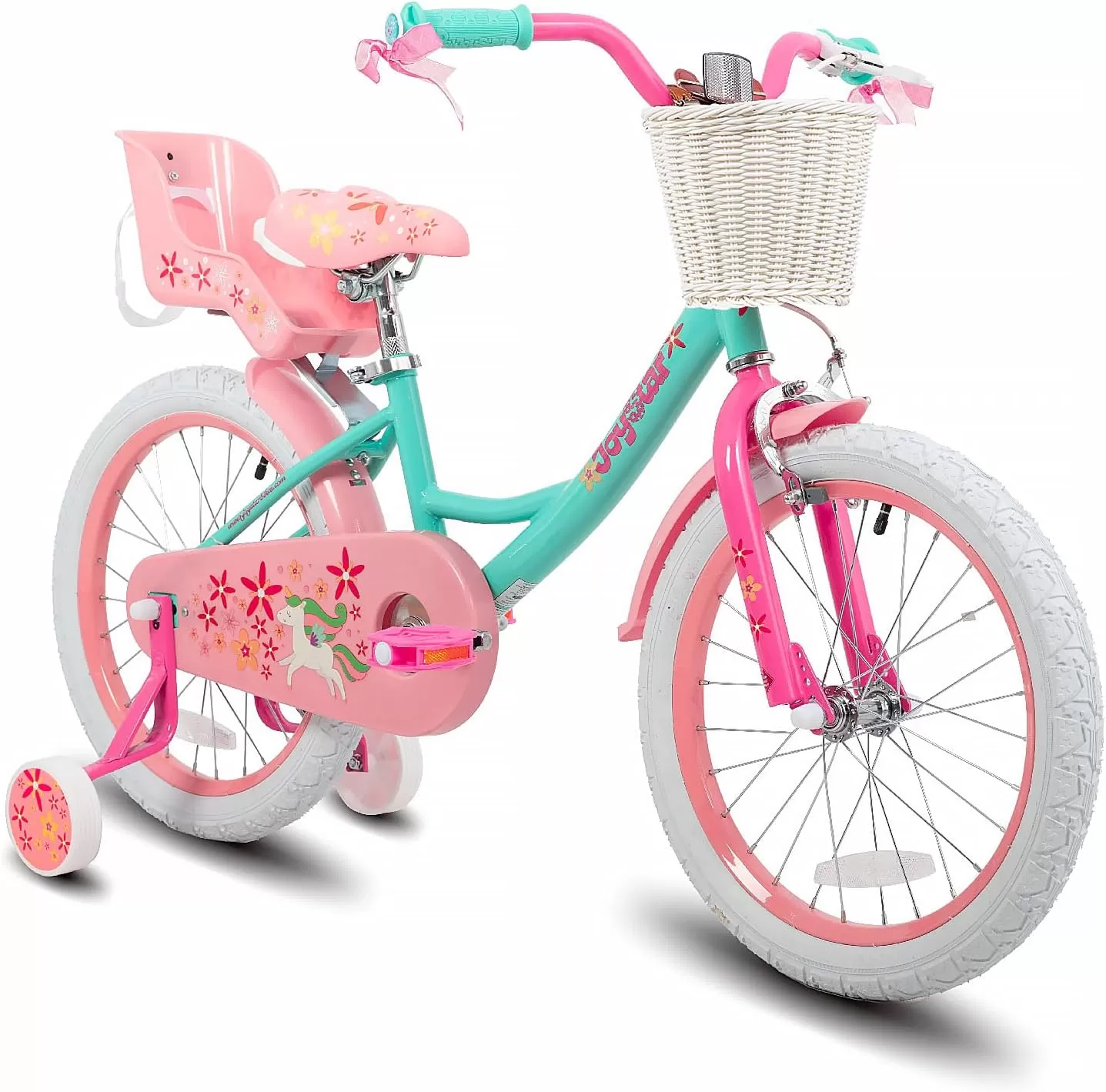 imageJOYSTAR Unicorn Kids Bike for Girls Ages 29 Years Old 12 14 16 18 Inch Kids Bike with Training Wheels Doll Seat Streamers and Basket Toddler Girls Bike Multiple ColorsGreen