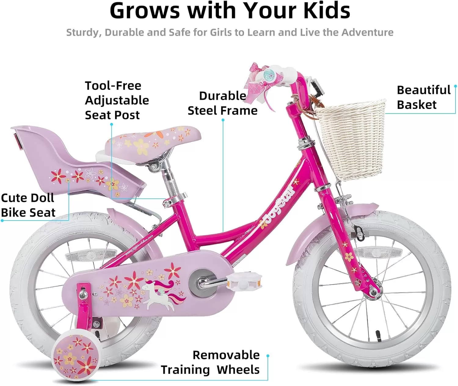 imageJOYSTAR Unicorn Kids Bike for Girls Ages 29 Years Old 12 14 16 18 Inch Kids Bike with Training Wheels Doll Seat Streamers and Basket Toddler Girls Bike Multiple ColorsFuchsia