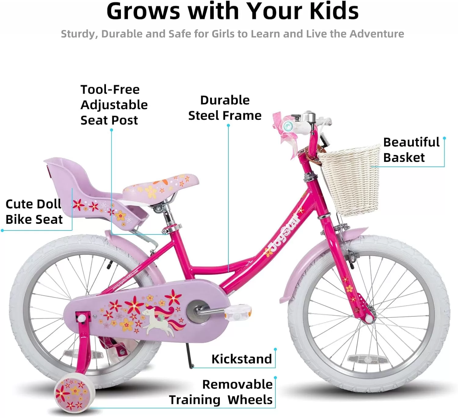 imageJOYSTAR Unicorn Kids Bike for Girls Ages 29 Years Old 12 14 16 18 Inch Kids Bike with Training Wheels Doll Seat Streamers and Basket Toddler Girls Bike Multiple ColorsFuchsia