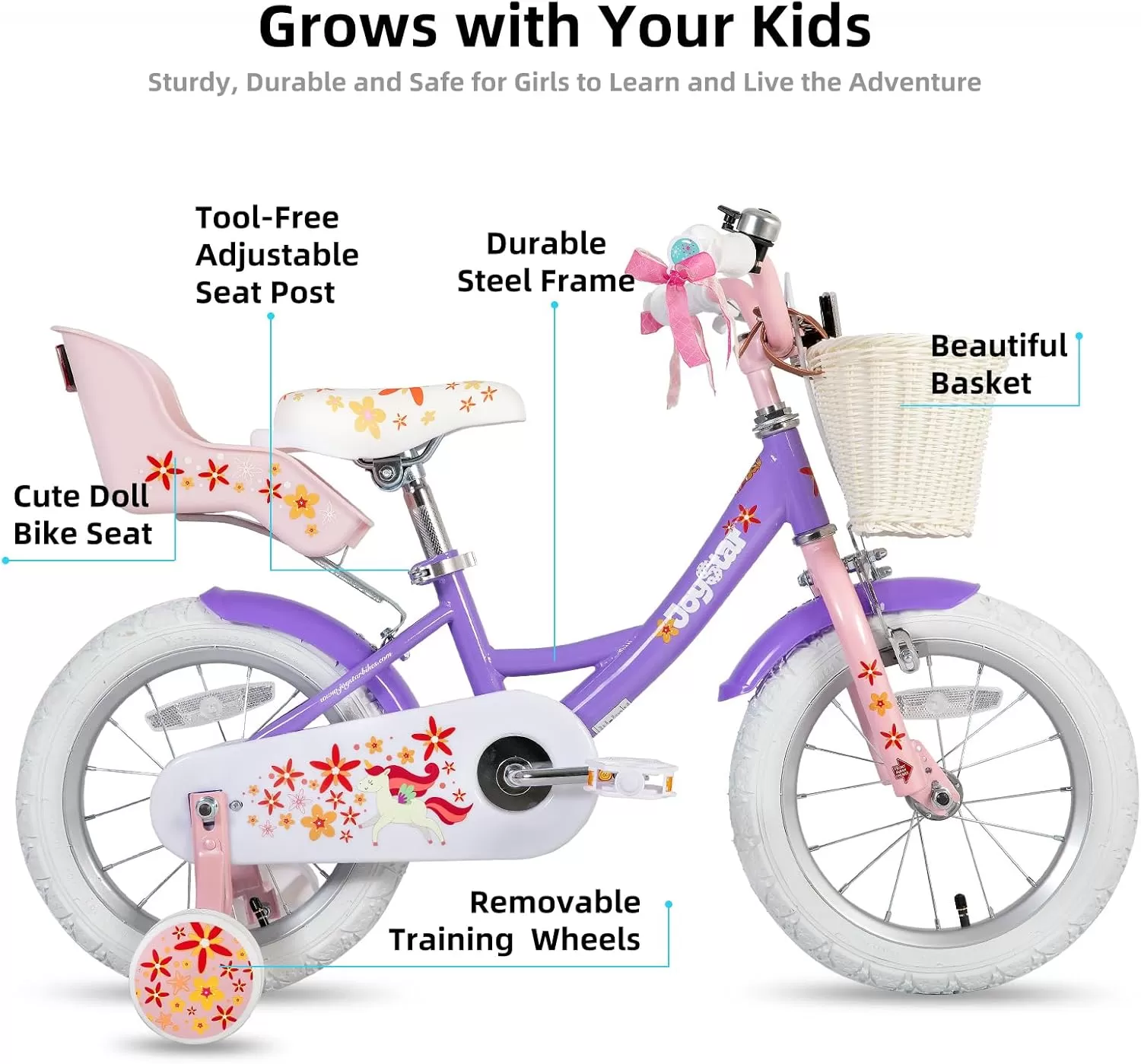 imageJOYSTAR Unicorn Kids Bike for Girls Ages 29 Years Old 12 14 16 18 Inch Kids Bike with Training Wheels Doll Seat Streamers and Basket Toddler Girls Bike Multiple ColorsPurple