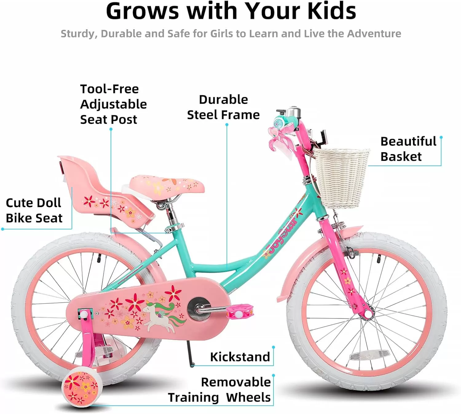 imageJOYSTAR Unicorn Kids Bike for Girls Ages 29 Years Old 12 14 16 18 Inch Kids Bike with Training Wheels Doll Seat Streamers and Basket Toddler Girls Bike Multiple ColorsGreen