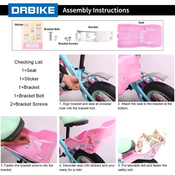 imageDRBIKE Doll Bike Seat Bicycle Seat with Decorate Yourself Decals for Girls Bike Doll Carrier Fits Standard Sized Dolls and Stuffed Animals Bike Attachment Kids Bike AccessoriesPink