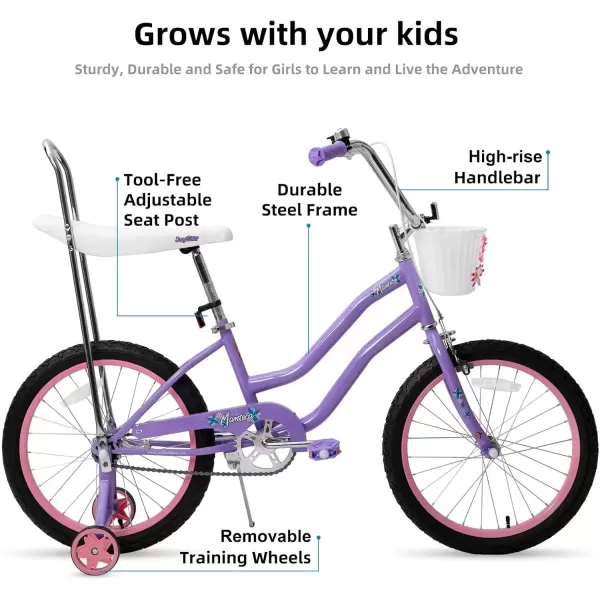 imageJOYSTAR 20 Inch Girls Bike with Training Wheels Banana Seat Bike for Girls Ages 712 Years Old Kids Girls Bicycle with Front Handbrake and Coaster Brakes Kickstand IncludedPurple