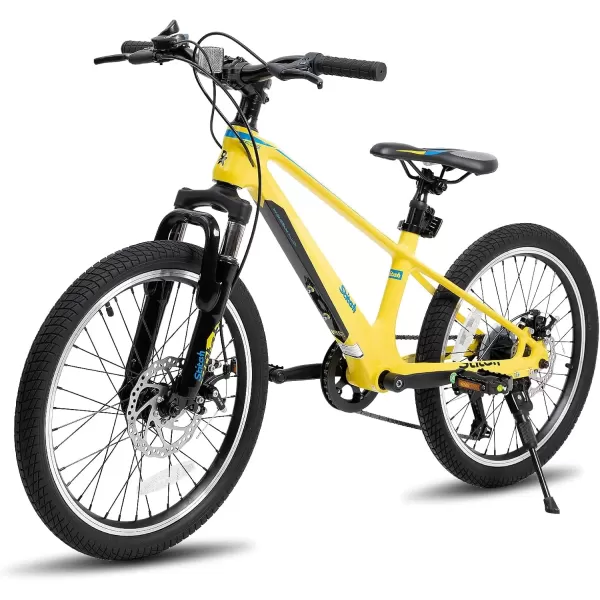 imageJOYSTAR 20 Inch Kids Bike for Ages 712 Year Old Boys Girls Magnesium Alloy Kids Mountain Bicycle with Shimano 7Speed ampamp Dual Disc Brake Muliple ColorsYellow