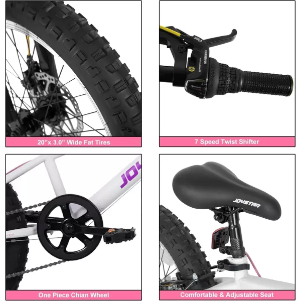 imageJOYSTAR 20 Inch Mountain Bike for Kids Ages 712 Year Old 3Inch Wide Knobby Tires 7 Speed Shimano Drivetrain Disc Brakes Fat Tire Kids Bicycles for Boys GirlsWhite