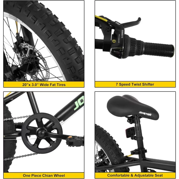 imageJOYSTAR 20 Inch Mountain Bike for Kids Ages 712 Year Old 3Inch Wide Knobby Tires 7 Speed Shimano Drivetrain Disc Brakes Fat Tire Kids Bicycles for Boys GirlsBlack