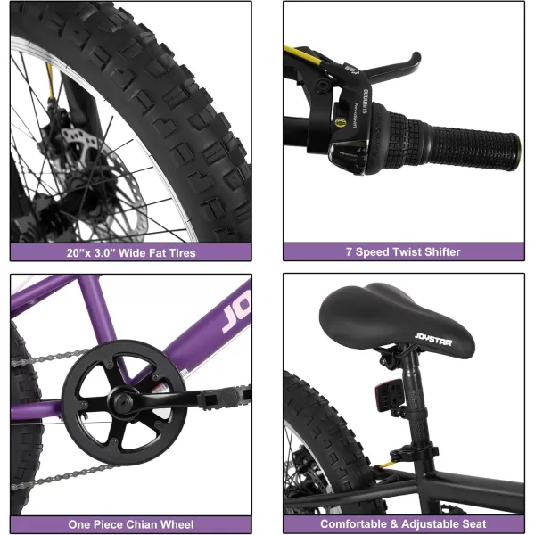 imageJOYSTAR 20 Inch Mountain Bike for Kids Ages 712 Year Old 3Inch Wide Knobby Tires 7 Speed Shimano Drivetrain Disc Brakes Fat Tire Kids Bicycles for Boys GirlsPurple
