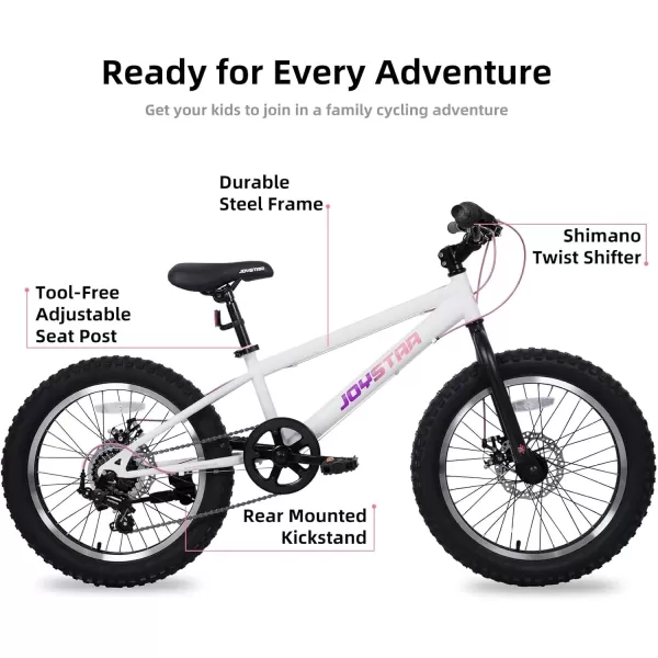 imageJOYSTAR 20 Inch Mountain Bike for Kids Ages 712 Year Old 3Inch Wide Knobby Tires 7 Speed Shimano Drivetrain Disc Brakes Fat Tire Kids Bicycles for Boys GirlsWhite